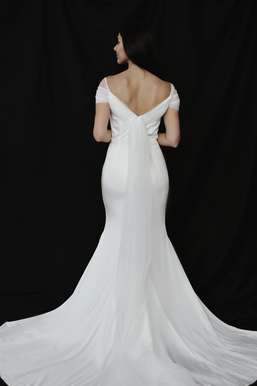 Mona Off-the-Shoulder Fit n' Flare Crepe Tulle Wedding Dress | Bone and Grey Bridal | Affordable minimal wedding dresses Canada Singapore USA