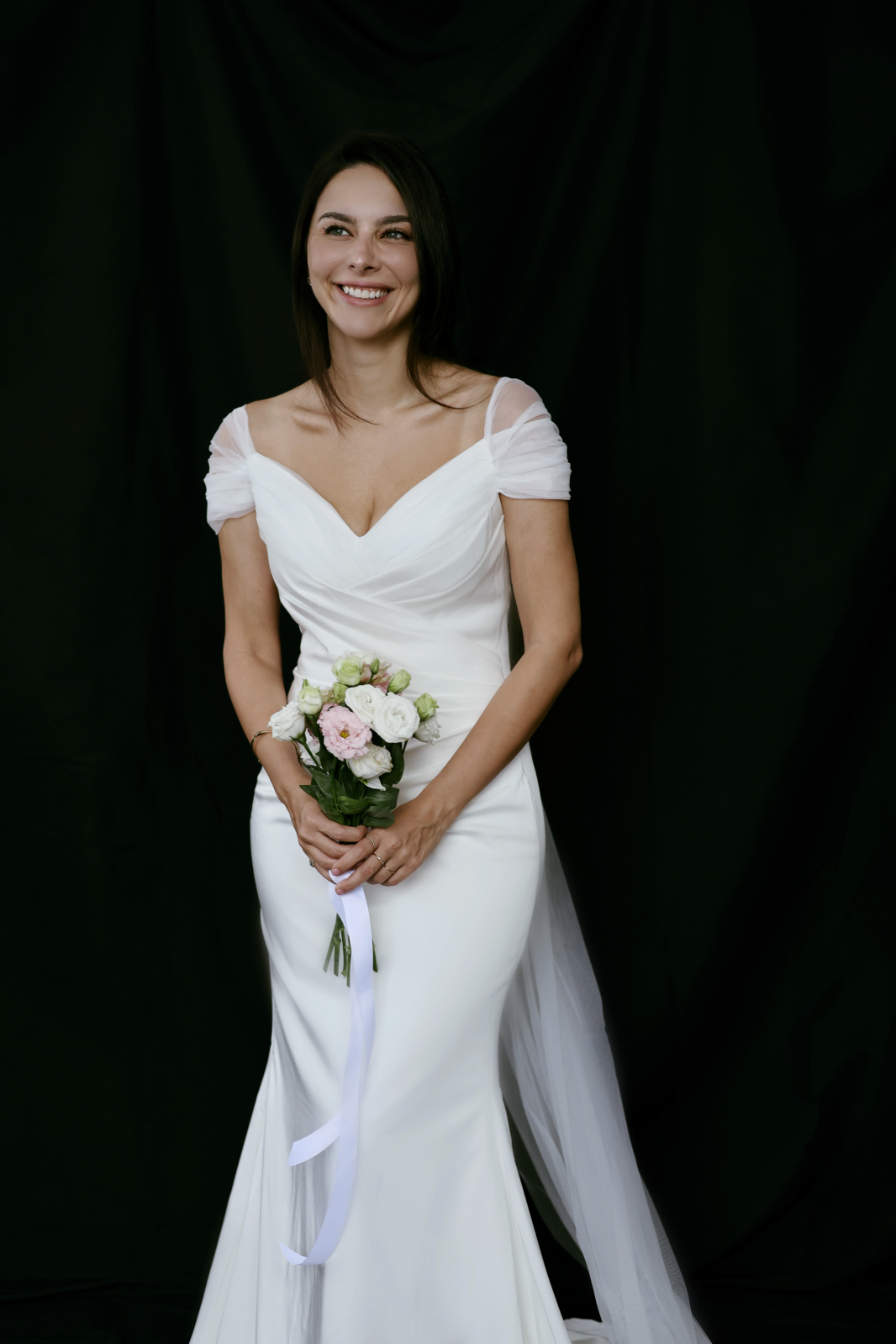 Mona Off-the-Shoulder Fit n' Flare Crepe Tulle Wedding Dress | Bone and Grey Bridal | Affordable minimal wedding dresses Canada Singapore USA