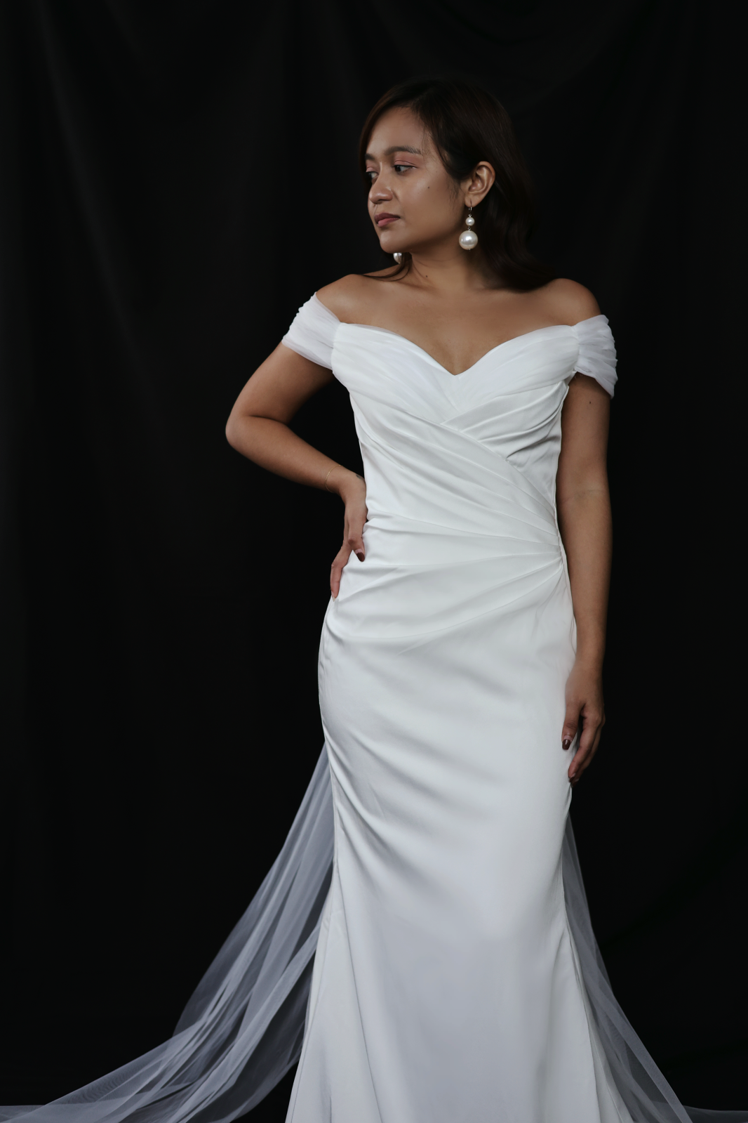 Mona Off-the-Shoulder Fit n' Flare Crepe Tulle Wedding Dress | Bone and Grey Bridal | Affordable minimal wedding dresses Canada Singapore USA