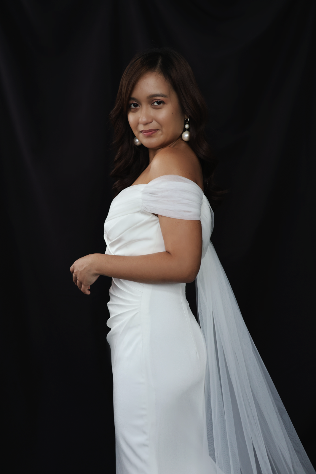 Mona Off-the-Shoulder Fit n' Flare Crepe Tulle Wedding Dress | Bone and Grey Bridal | Affordable minimal wedding dresses Canada Singapore USA