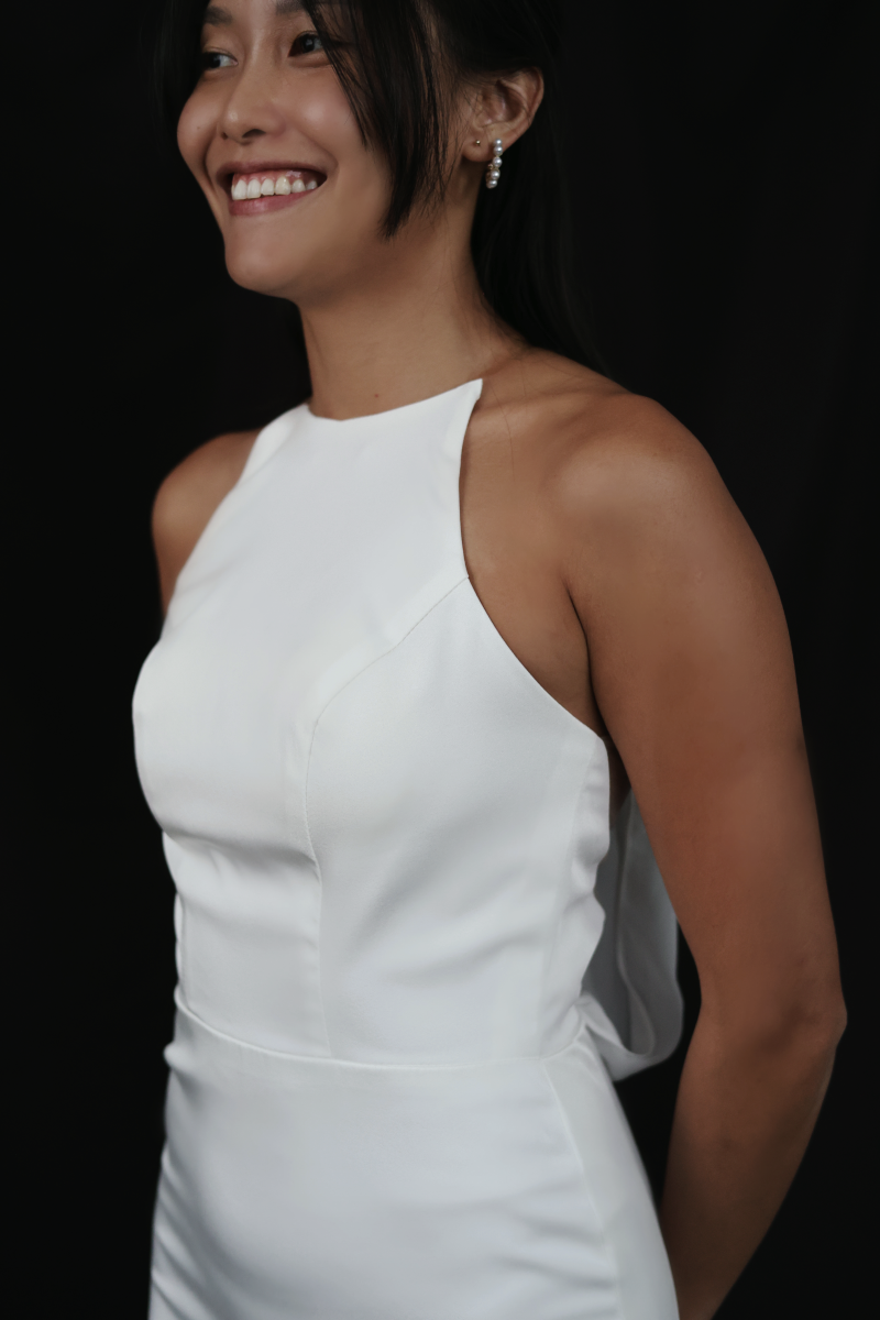 Elise halter minimal crepe wedding dress with mesh back | Bone and Grey Bridal | Minimal wedding dresses online Singapore Canada USA