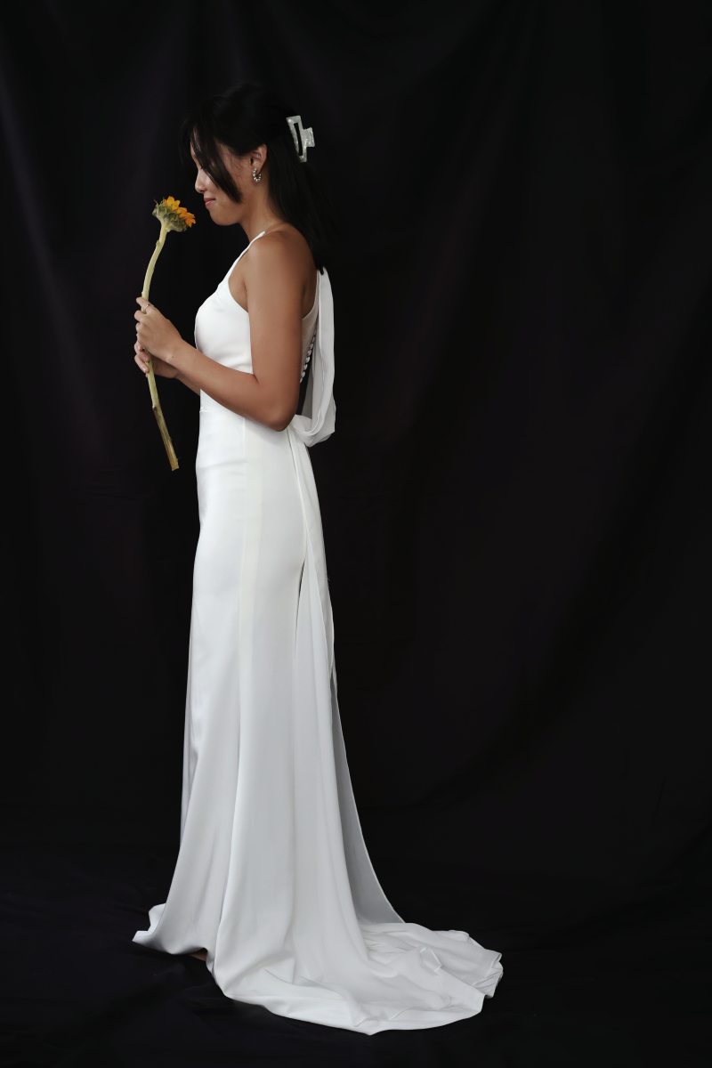 Elise halter minimal crepe wedding dress with mesh back | Bone and Grey Bridal | Minimal wedding dresses online Singapore Canada USA
