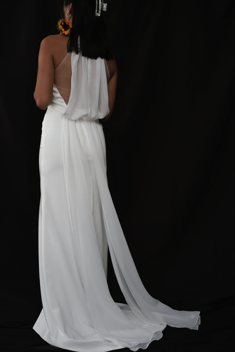 Elise halter minimal crepe wedding dress with mesh back | Bone and Grey Bridal | Minimal wedding dresses online Singapore Canada USA