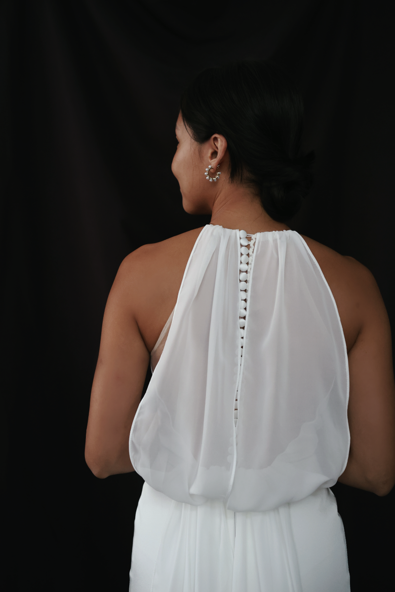 Elise halter minimal crepe wedding dress with mesh back | Bone and Grey Bridal | Minimal wedding dresses online Singapore Canada USA