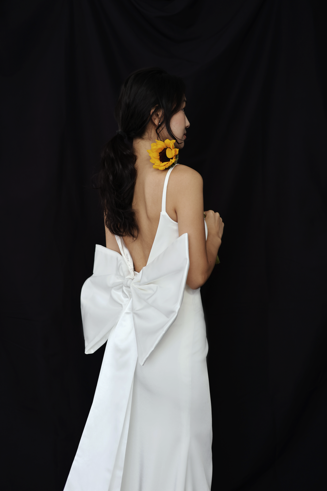 Saravine Spaghetti Strap Column Wedding Dress with Removable Bow | Bone and Grey | Affordable minimal wedding dresses online Canada Singapore USA