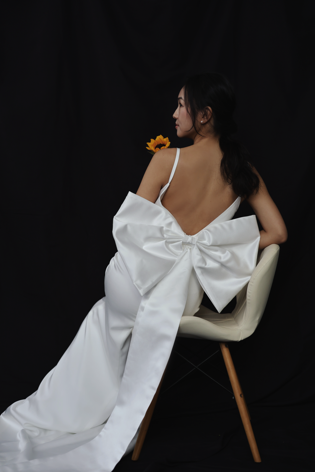 Saravine Spaghetti Strap Column Wedding Dress with Removable Bow | Bone and Grey | Affordable minimal wedding dresses online Canada Singapore USA