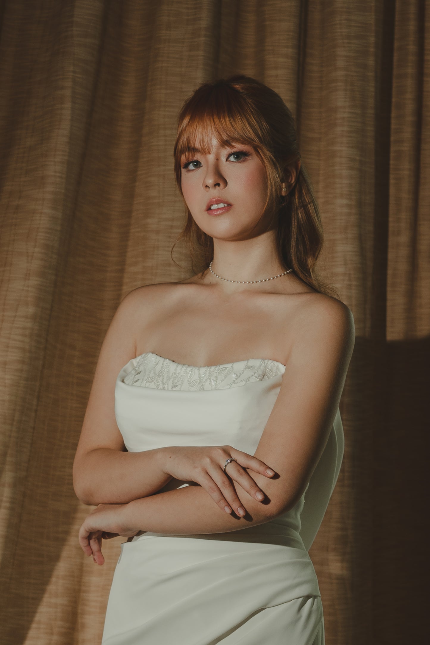 Harper Strapless Straight Square Off-Shoulder Long Sleeves Crepe Column Sheath Wedding Dress | Bone and Grey Bridal | Affordable Minimal Simple Bridal Gowns Online Canada USA Singapore