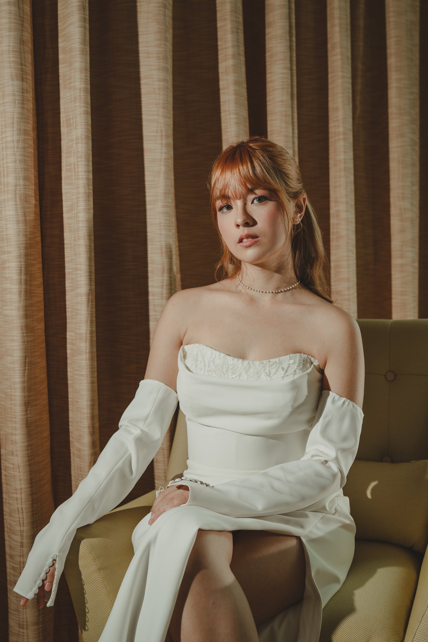 Harper Strapless Straight Square Off-Shoulder Long Sleeves Crepe Column Sheath Wedding Dress | Bone and Grey Bridal | Affordable Minimal Simple Bridal Gowns Online Canada USA Singapore