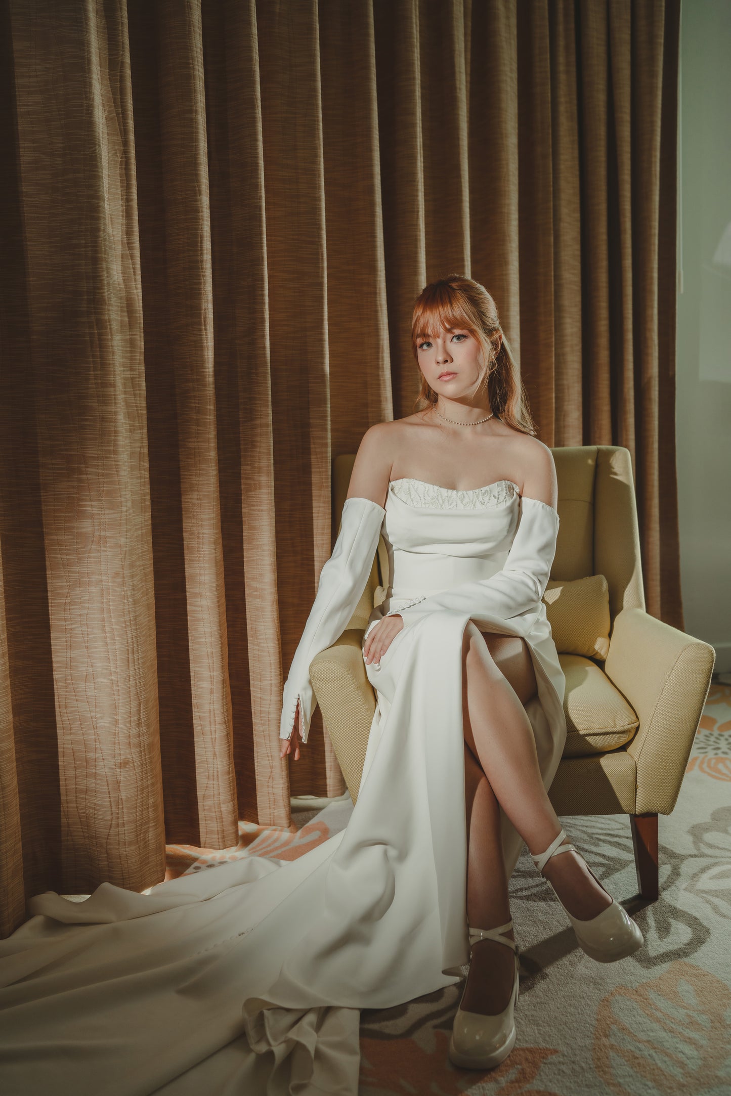 Harper Strapless Straight Square Off-Shoulder Long Sleeves Crepe Column Sheath Wedding Dress | Bone and Grey Bridal | Affordable Minimal Simple Bridal Gowns Online Canada USA Singapore
