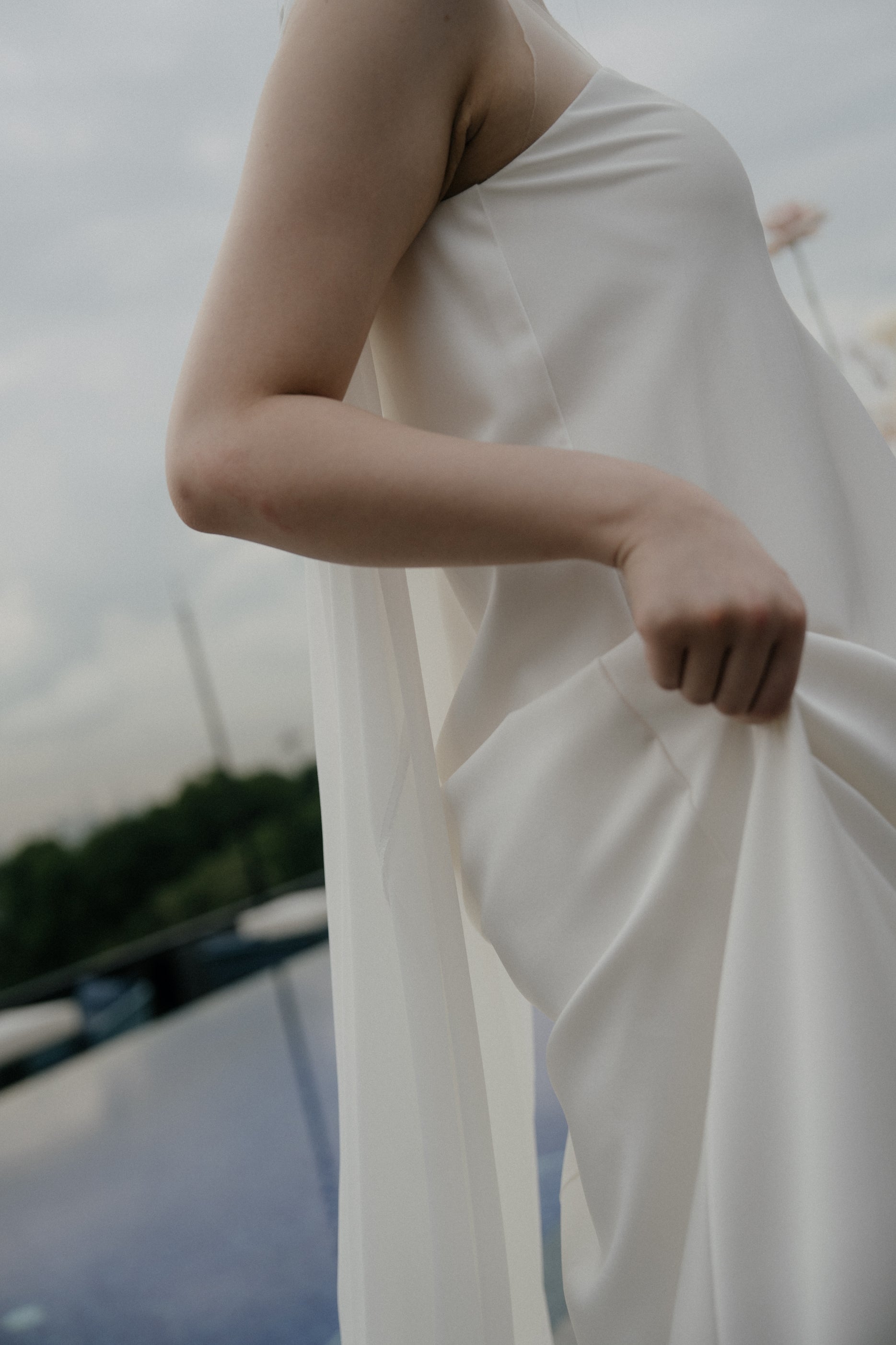 Jade Crescent Neckline Shift Dress with Chiffon Cape Set | Bone and Grey Bridal | Affordable Minimal Wedding Dresses Online Canada USA Singapore