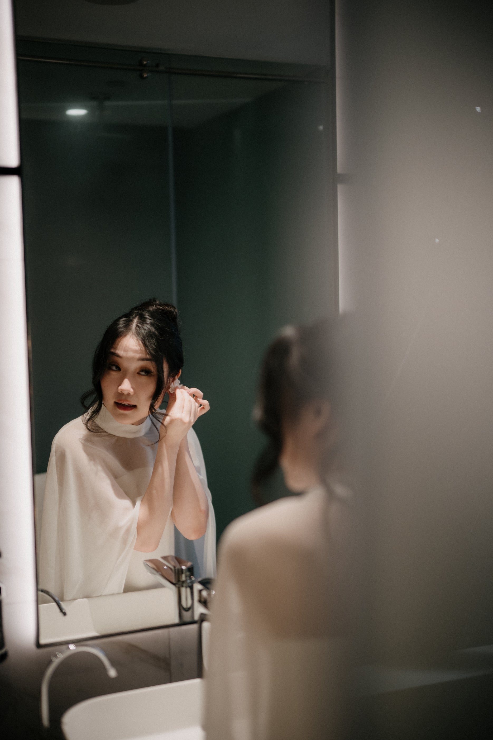 Jade Crescent Neckline Shift Dress with Chiffon Cape Set | Bone and Grey Bridal | Affordable Minimal Wedding Dresses Online Canada USA Singapore