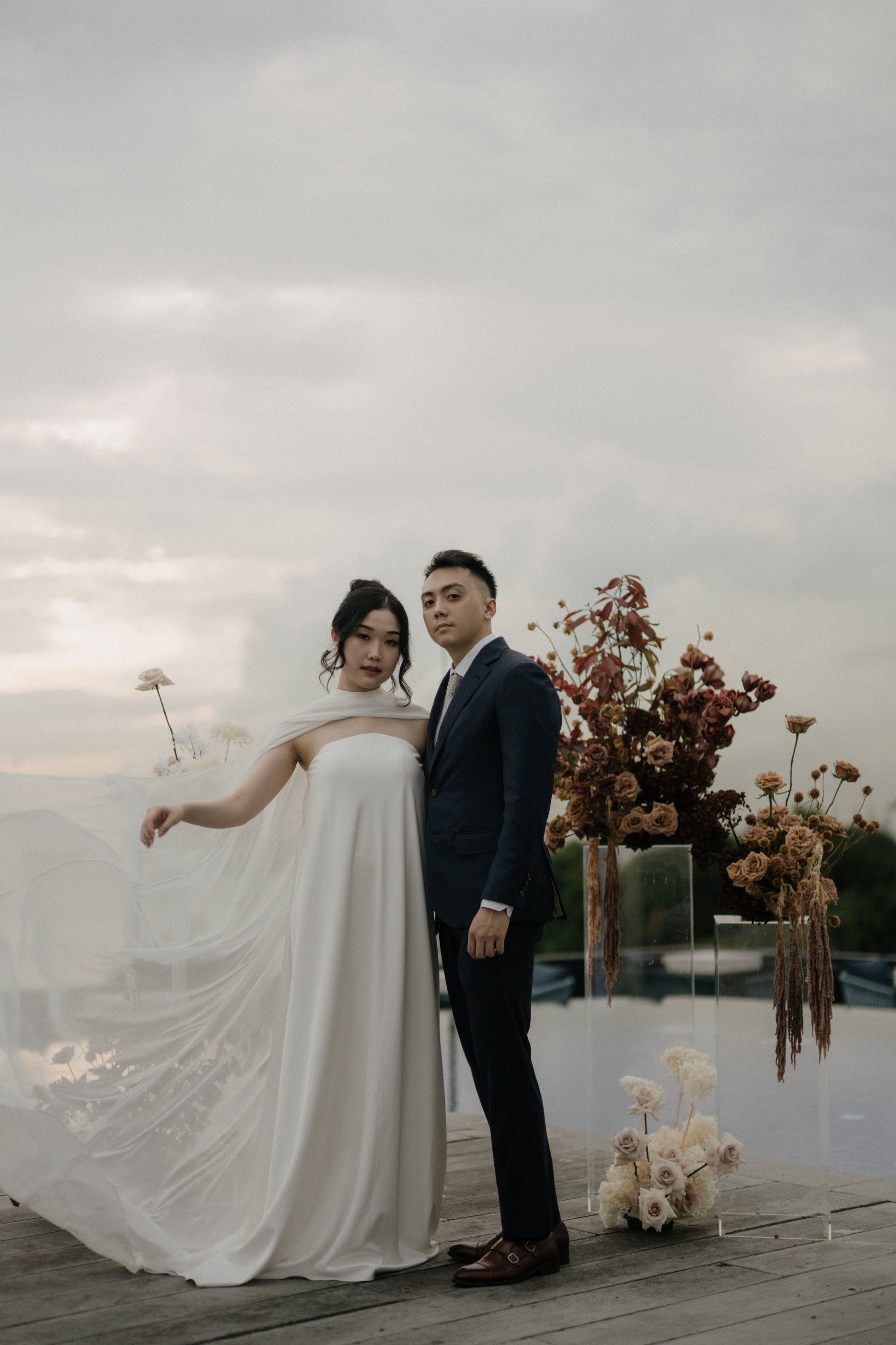 Jade Crescent Neckline Shift Dress with Chiffon Cape Set | Bone and Grey Bridal | Affordable Minimal Wedding Dresses Online Canada USA Singapore