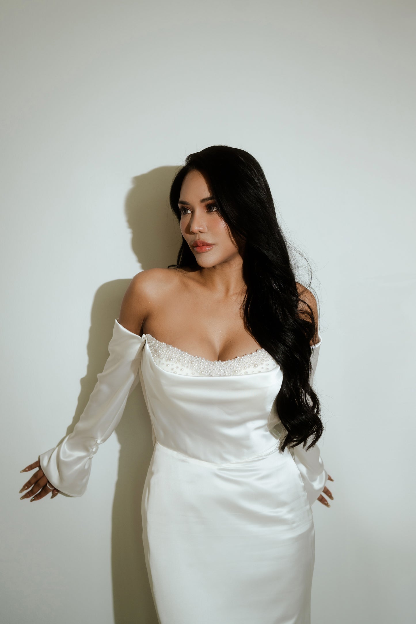 Kendall Strapless Pearl Beaded Peekaboo Long Sleeves Satin Column Sheath Wedding Dress | Bone and Grey Bridal | Affordable Minimal Simple Bridal Gowns Online Canada USA Singapore