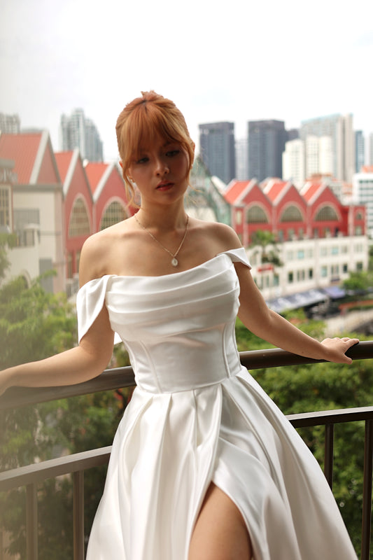Leah Strapless Off-Shoulder Sleeves Satin A-Line Wedding Dress | Bone and Grey Bridal | Affordable Minimal Simple Bridal Gowns Online Canada USA Singapore