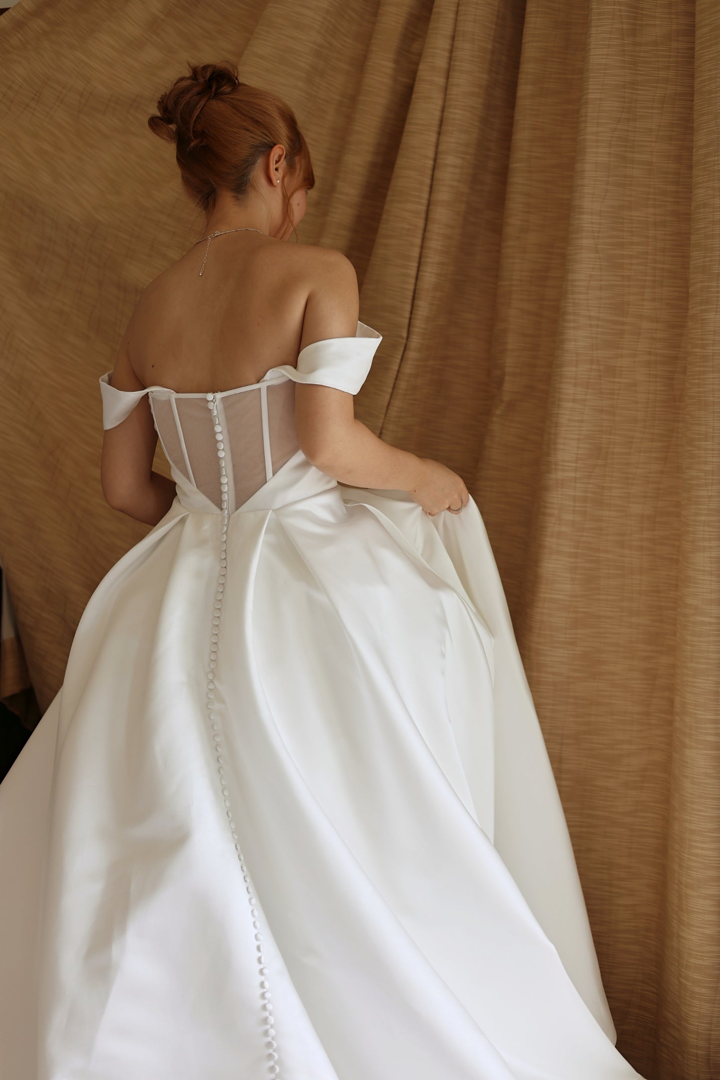 Leah Strapless Off-Shoulder Sleeves Satin A-Line Wedding Dress | Bone and Grey Bridal | Affordable Minimal Simple Bridal Gowns Online Canada USA Singapore