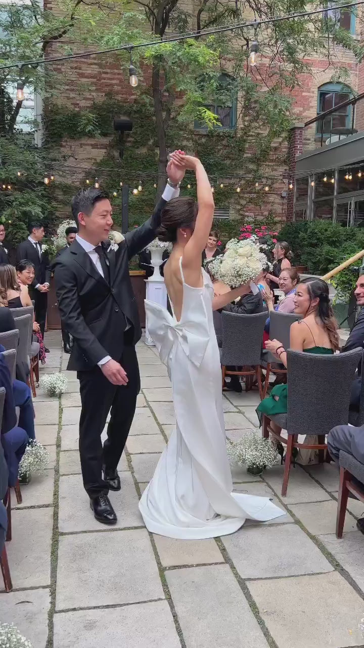 Saravine Spaghetti Strap Column Wedding Dress with Removable Bow | Bone and Grey | Affordable minimal wedding dresses online Canada Singapore USA