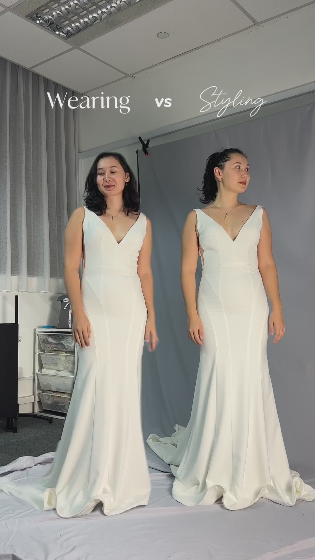 Rosalind Plunging V-neck Fit n Flare Mermaid Wedding Dress | Low Open back with Fit n' Flare and Trumpet Skirt | Bone and Grey Bridal | Minimal wedding dresses online Canada Singapore USA