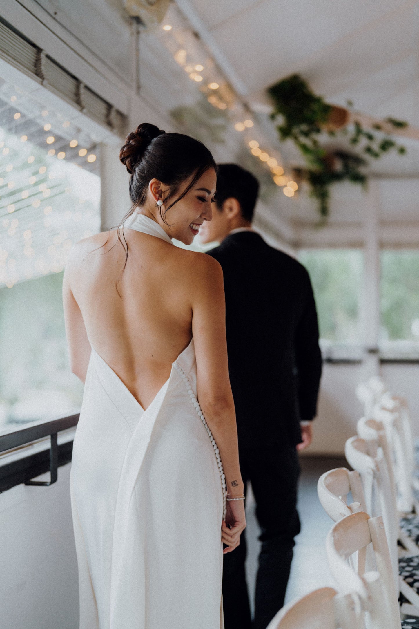 Sophia High Halter Neck Column Crepe Wedding Dress with Slit | Bone and Grey Bridal | Affordable Minimal Wedding Dresses Online Canada USA Singapore