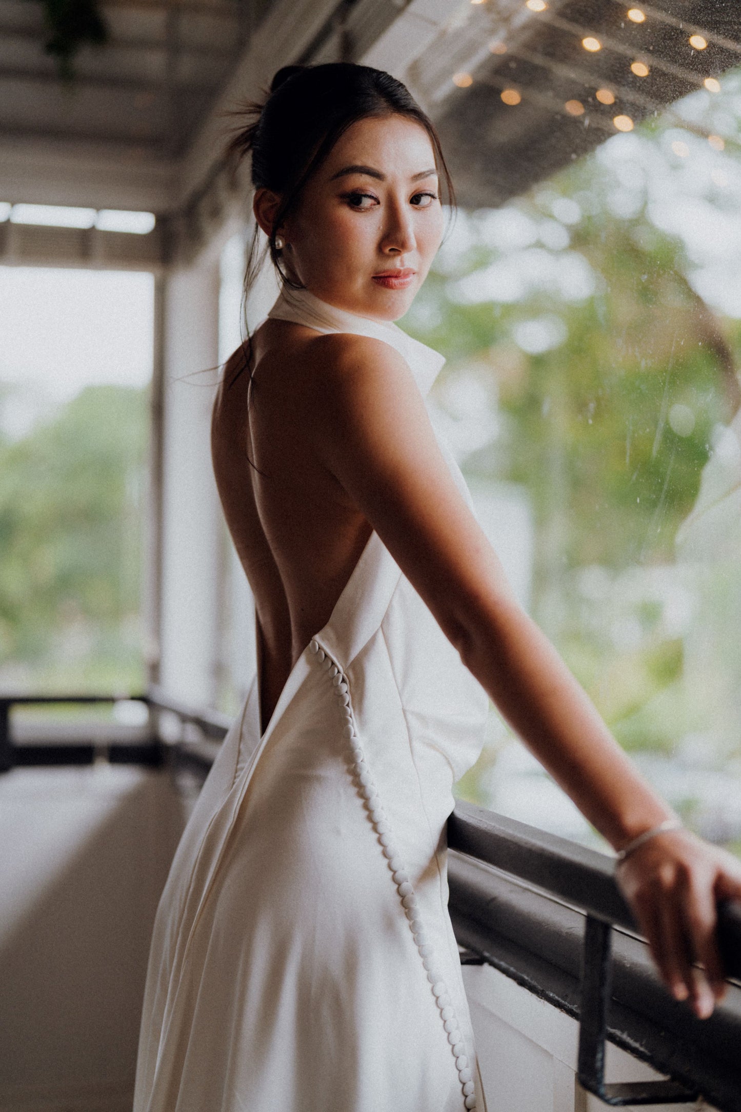 Sophia High Halter Neck Column Crepe Wedding Dress with Slit | Bone and Grey Bridal | Affordable Minimal Wedding Dresses Online Canada USA Singapore