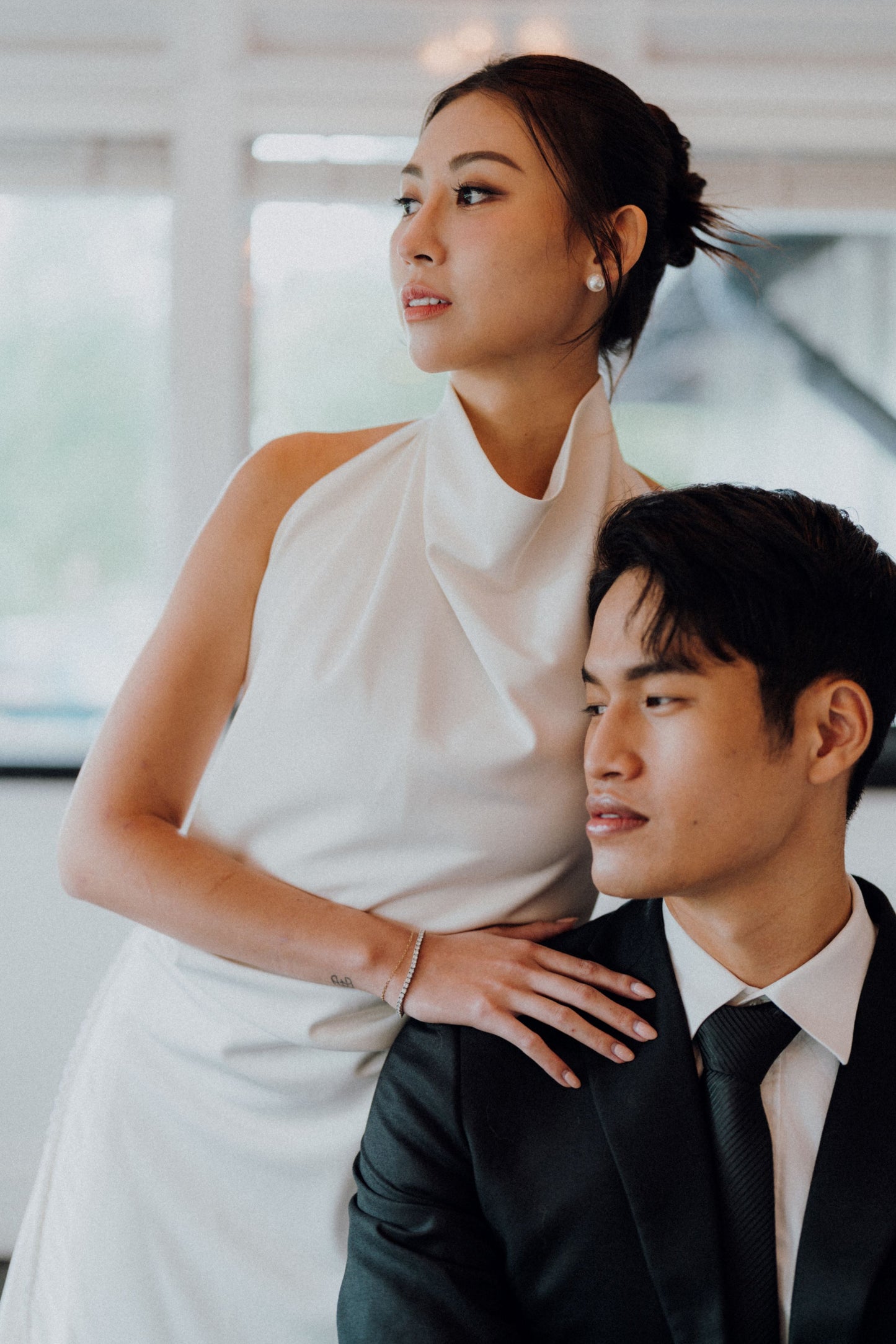 Sophia High Halter Neck Column Crepe Wedding Dress with Slit | Bone and Grey Bridal | Affordable Minimal Wedding Dresses Online Canada USA Singapore