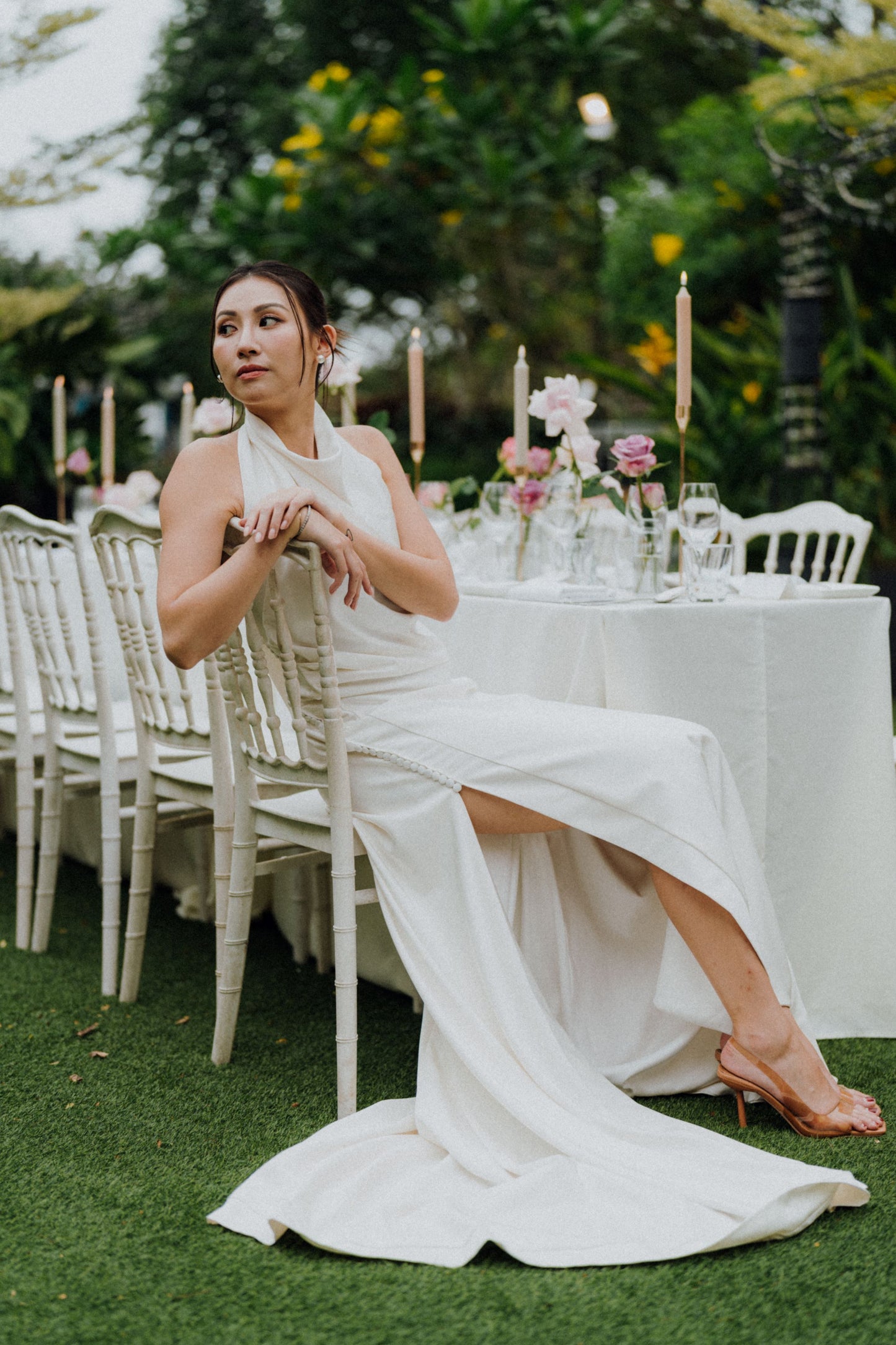 Sophia High Halter Neck Column Crepe Wedding Dress with Slit | Bone and Grey Bridal | Affordable Minimal Wedding Dresses Online Canada USA Singapore