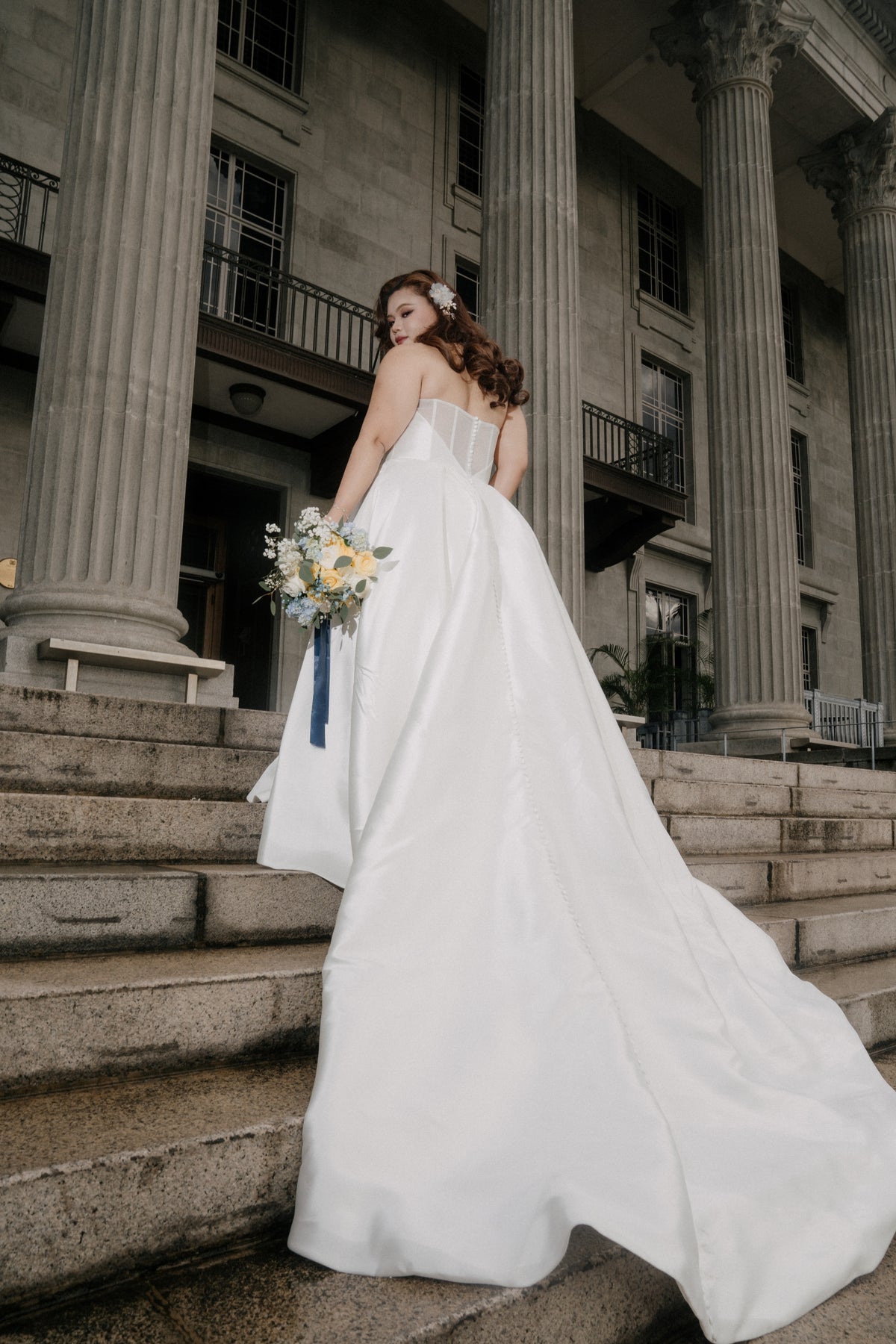 Adelia Mikado Off-the-Shoulder A-Line Wedding Gown with Slit | Bone and Grey Bridal | Affordable Simple Bridal Gowns Online Canada USA Singapore