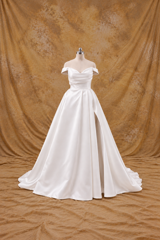 Adelia Mikado Off-the-Shoulder A-Line Wedding Gown with Slit | Bone and Grey Bridal | Affordable Simple Bridal Gowns Online Canada USA Singapore