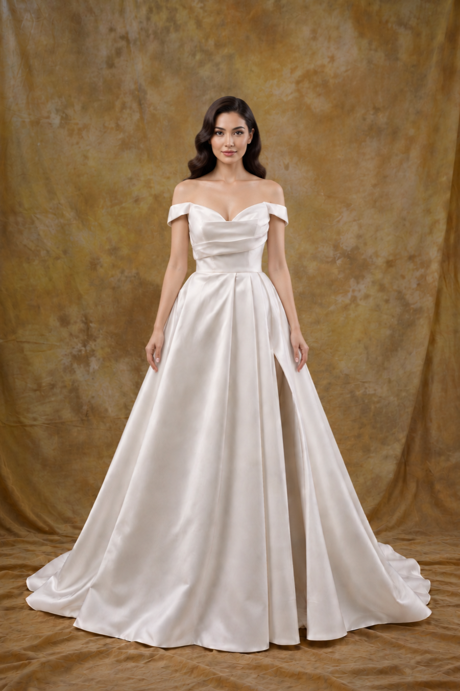 Adelia Mikado Off-the-Shoulder A-Line Wedding Gown with Slit | Bone and Grey Bridal | Affordable Simple Bridal Gowns Online Canada USA Singapore