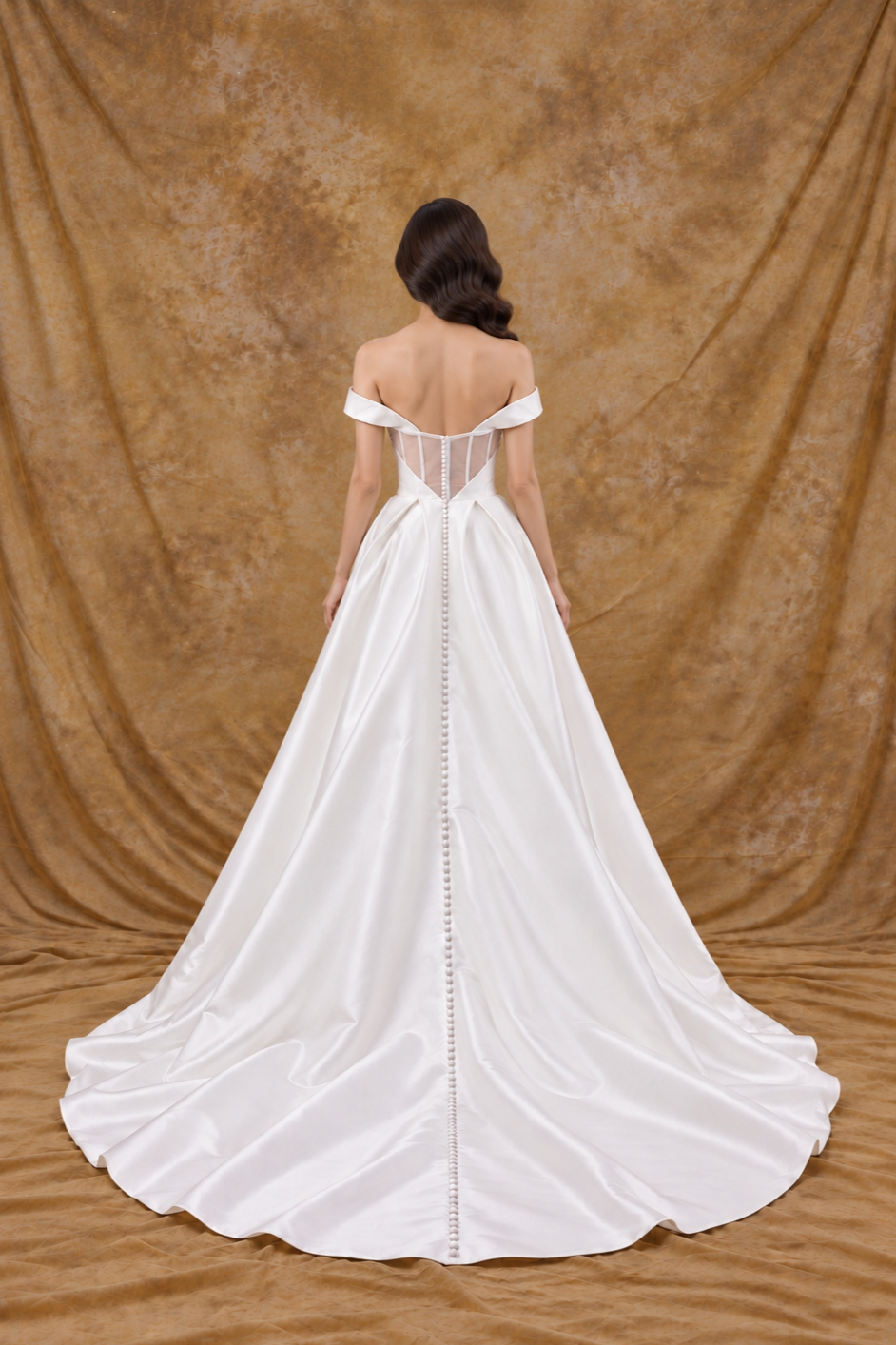 Adelia Mikado Off-the-Shoulder A-Line Wedding Gown with Slit | Bone and Grey Bridal | Affordable Simple Bridal Gowns Online Canada USA Singapore