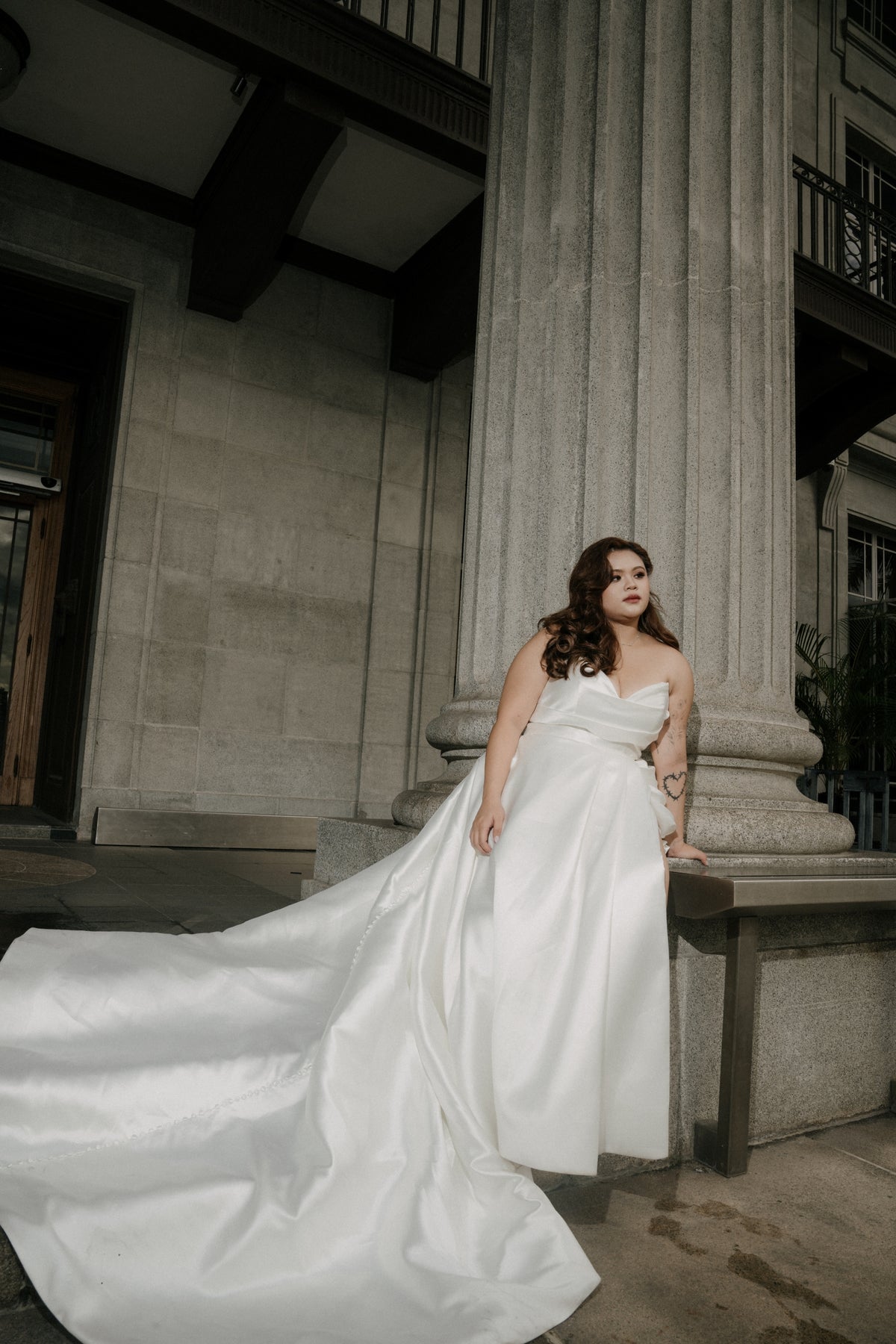 Adelia Mikado Off-the-Shoulder A-Line Wedding Gown with Slit | Bone and Grey Bridal | Affordable Simple Bridal Gowns Online Canada USA Singapore