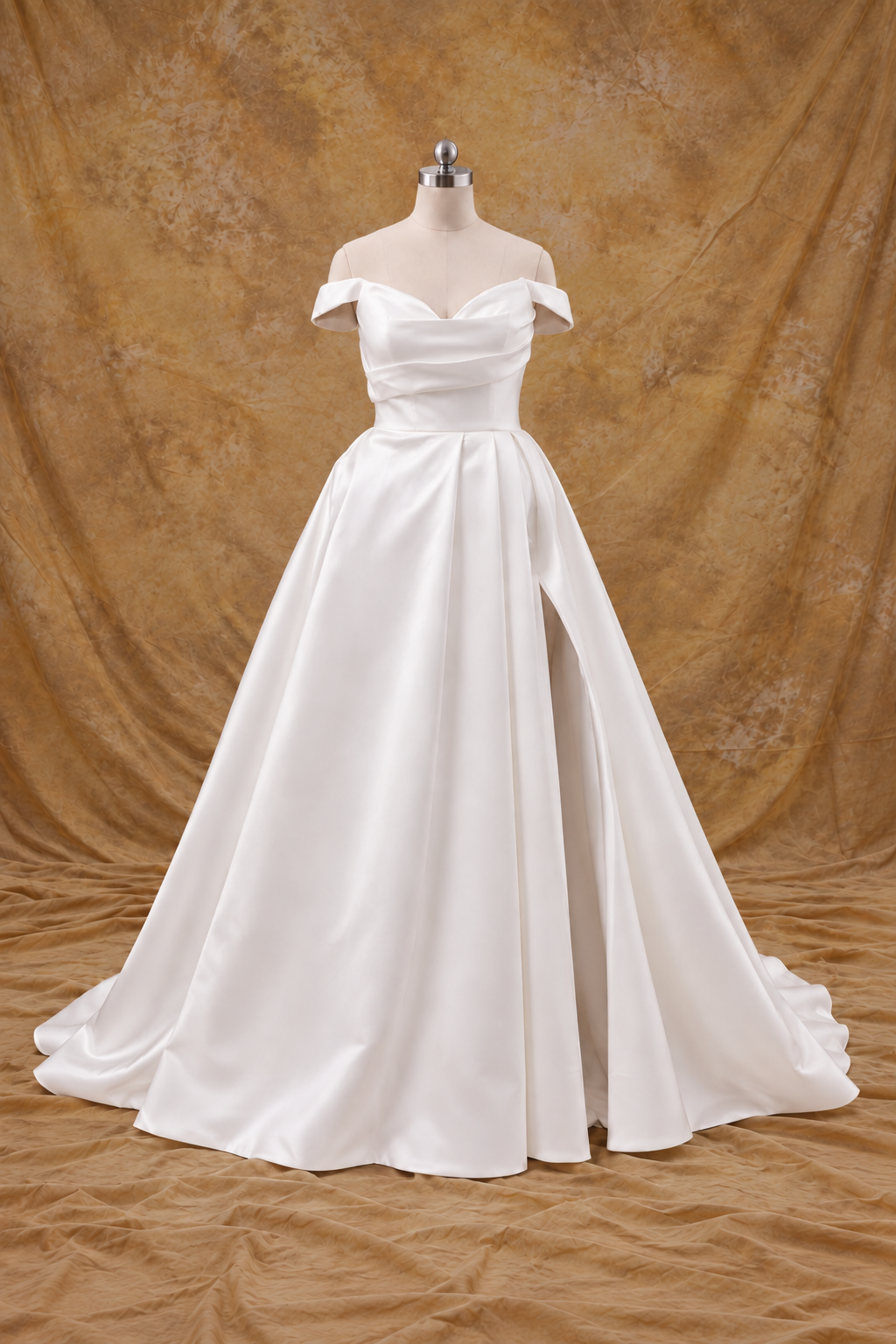 Adelia Mikado Off-the-Shoulder A-Line Wedding Gown with Slit | Bone and Grey Bridal | Affordable Simple Bridal Gowns Online Canada USA Singapore