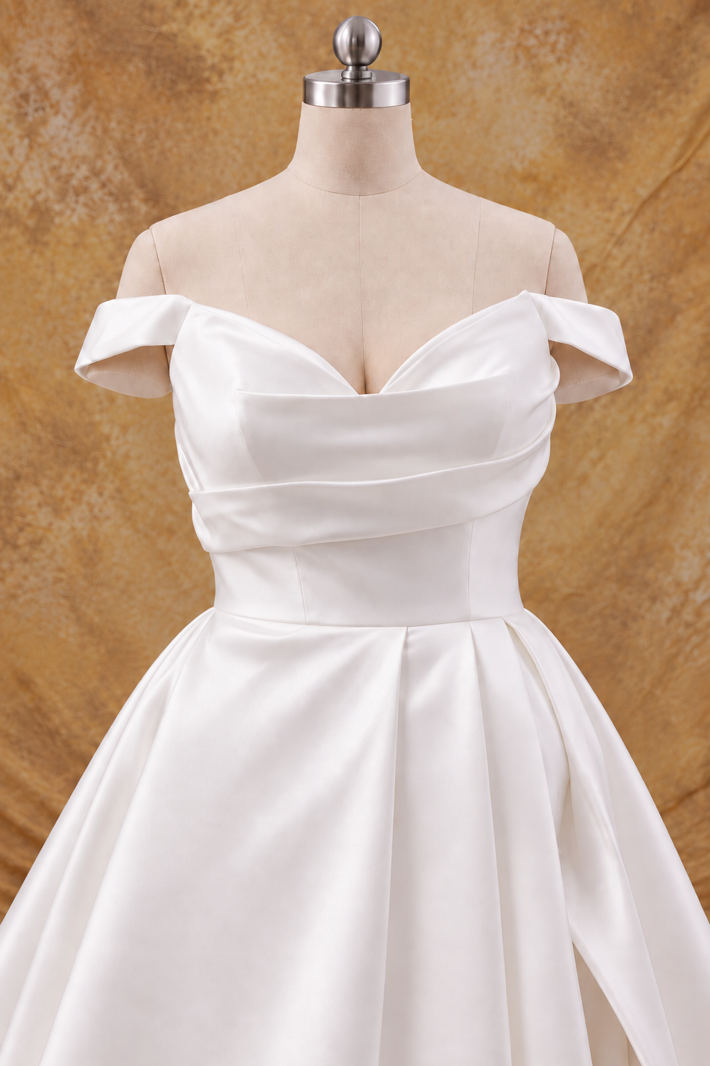 Adelia Mikado Off-the-Shoulder A-Line Wedding Gown with Slit | Bone and Grey Bridal | Affordable Simple Bridal Gowns Online Canada USA Singapore