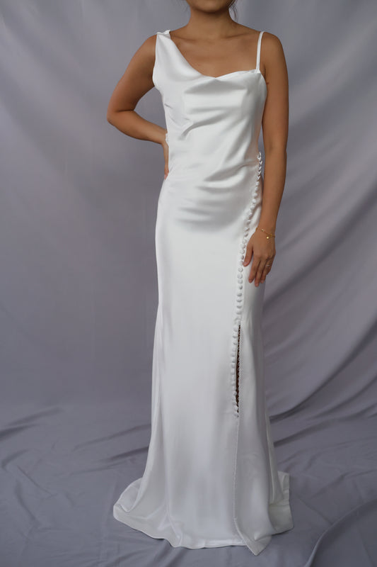 Allegra Asymmetric Satin Wedding Dress | Bone and Grey Bridal | Affordable Simple Wedding Dresses Online Canada USA Singapore