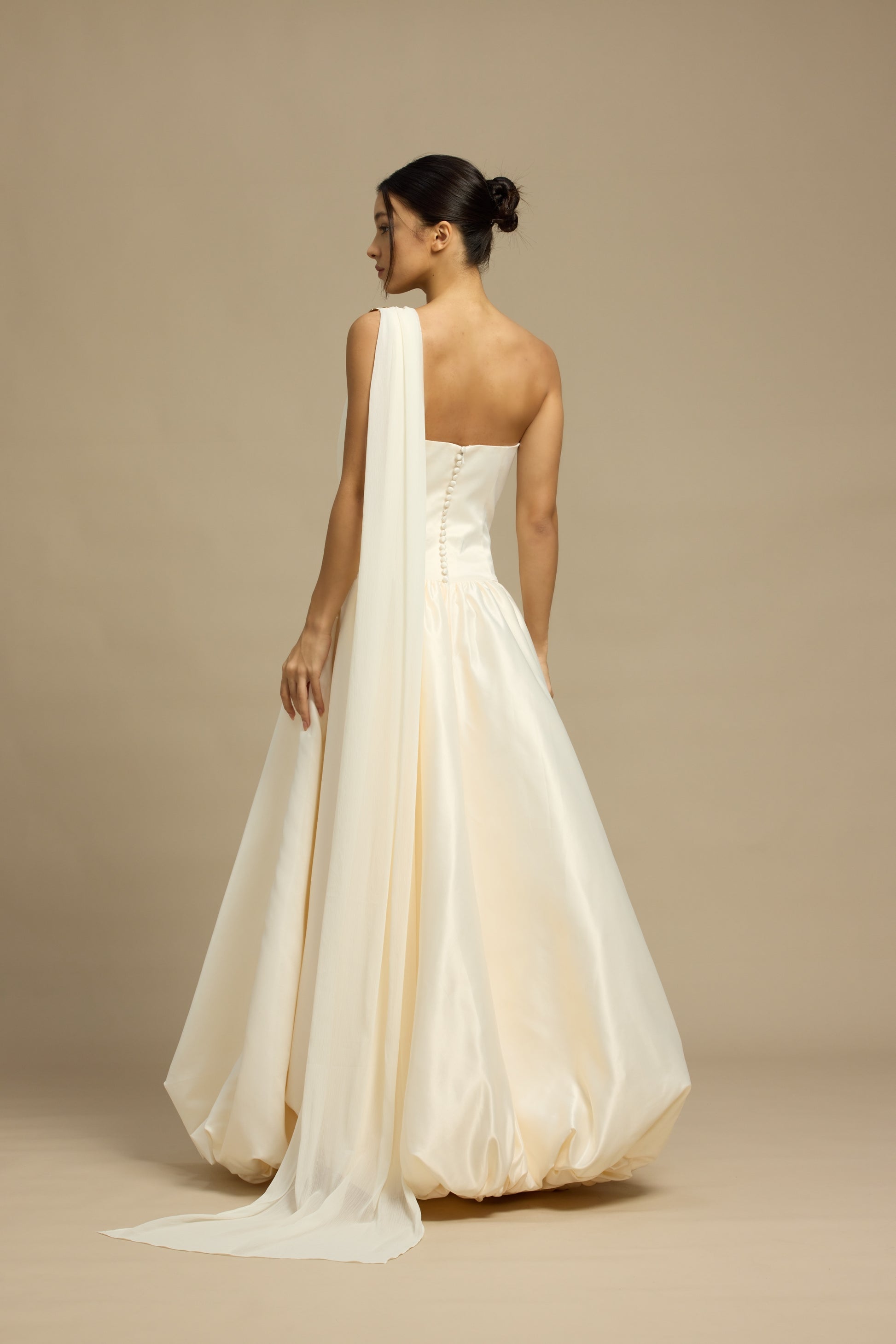 Aria Strapless Drop Waist A-Line Bubble Hem Wedding Dress with Neck Scarf | Bone and Grey Bridal | Affordable Minimal Simple Bridal Gowns Online Canada USA Singapore