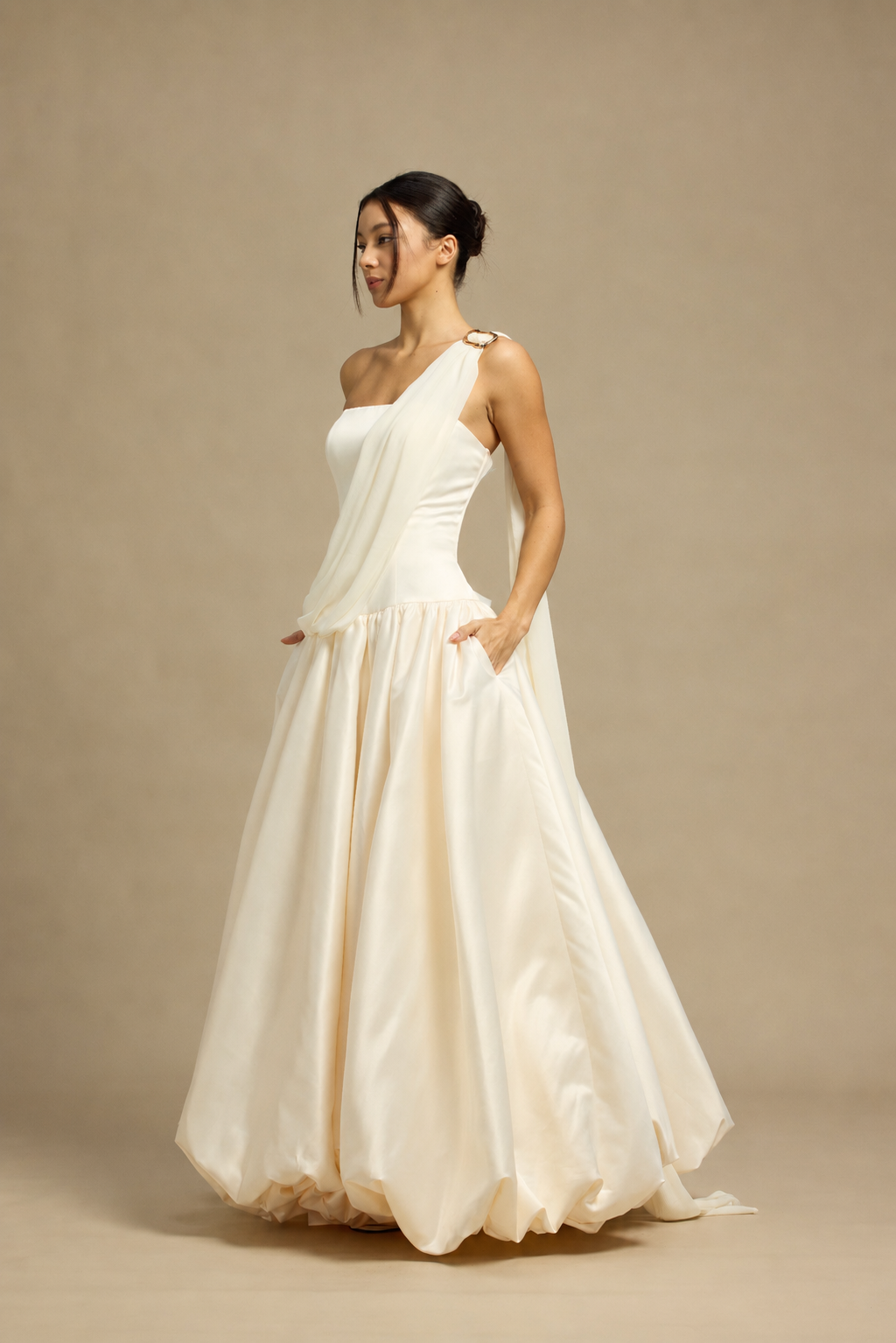 Aria Strapless Drop Waist A-Line Bubble Hem Wedding Dress with Neck Scarf | Bone and Grey Bridal | Affordable Minimal Simple Bridal Gowns Online Canada USA Singapore