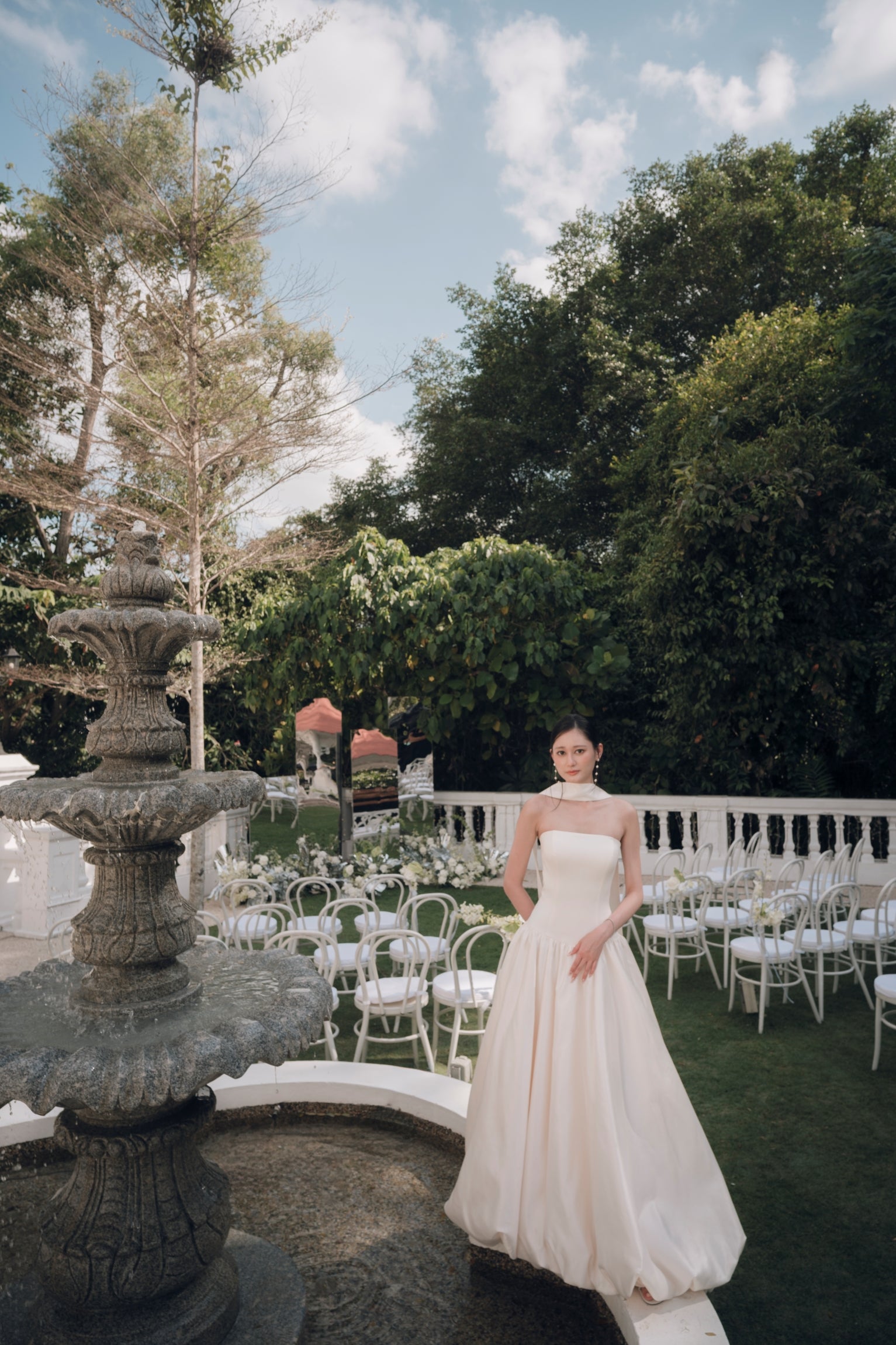 Aria Straight Neckline Strapless Drop Waist A-Line Bubble Hem Wedding Dress with Neck Scarf | Bone and Grey Bridal | Affordable Minimal Simple Bridal Gowns Online Canada USA Singapore