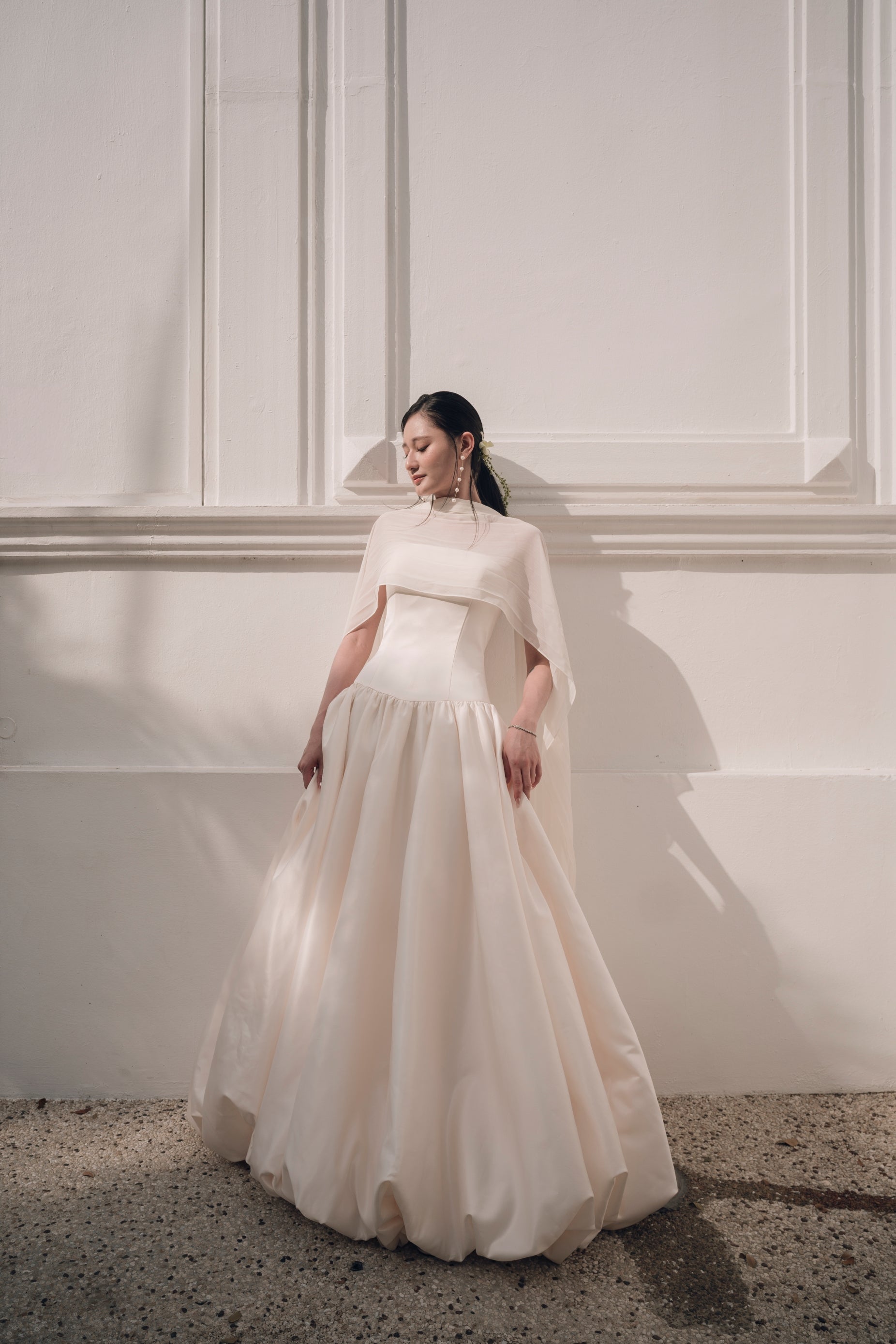 Aria Straight Neckline Strapless Drop Waist A-Line Bubble Hem Wedding Dress with Neck Scarf | Bone and Grey Bridal | Affordable Minimal Simple Bridal Gowns Online Canada USA Singapore