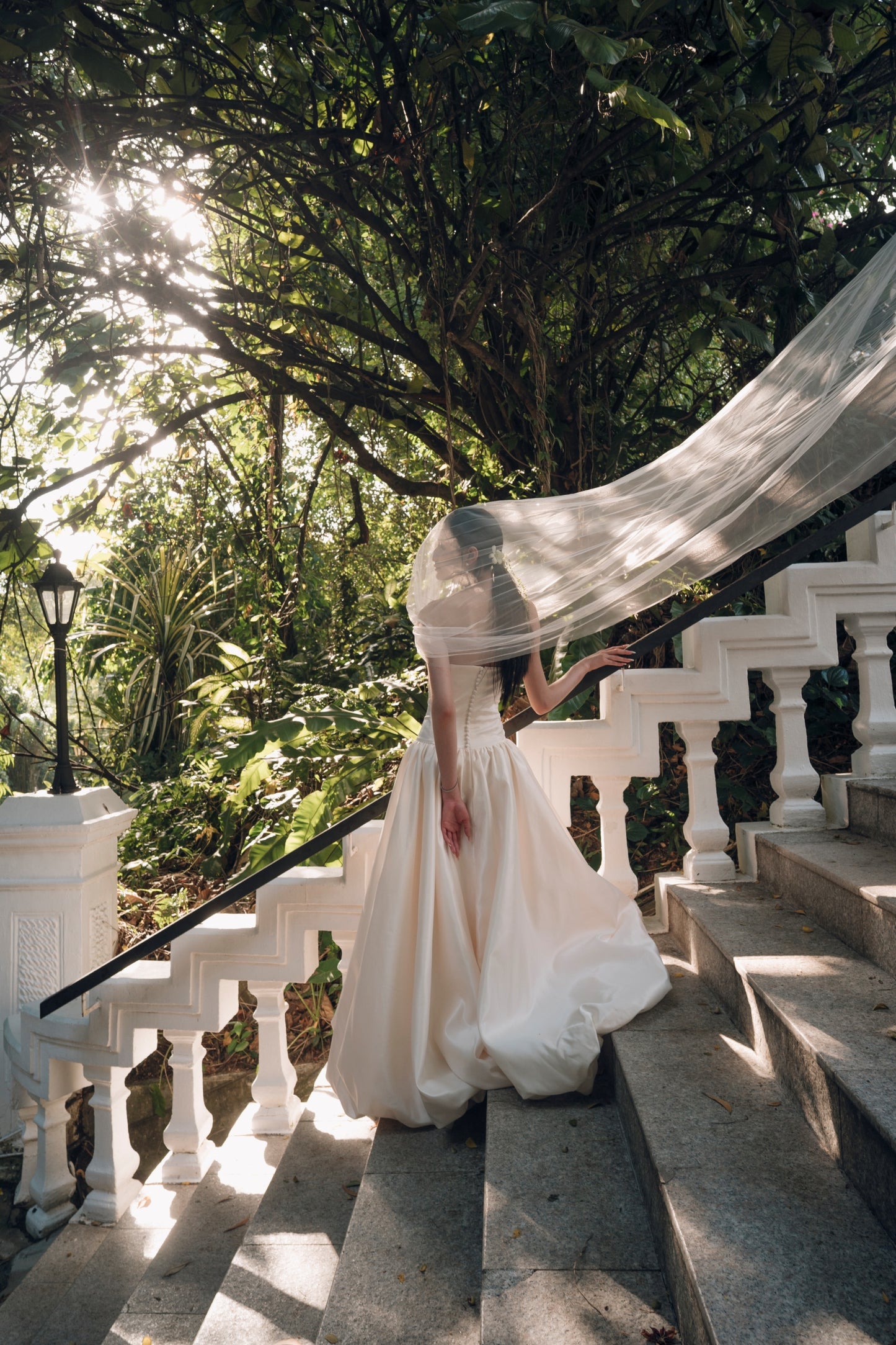 Aria Straight Neckline Strapless Drop Waist A-Line Bubble Hem Wedding Dress with Neck Scarf | Bone and Grey Bridal | Affordable Minimal Simple Bridal Gowns Online Canada USA Singapore