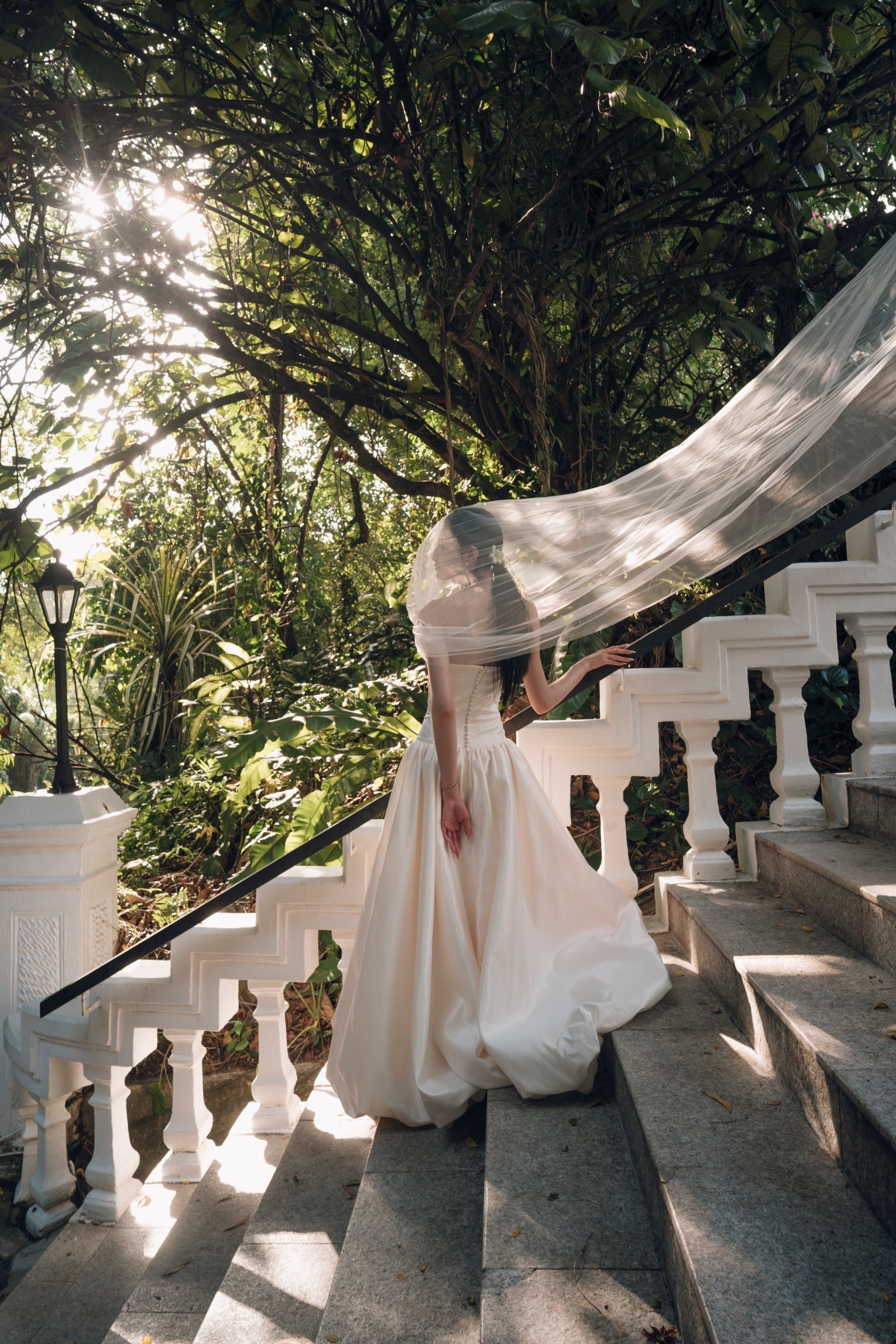 Aria Straight Neckline Strapless Drop Waist A-Line Bubble Hem Wedding Dress with Neck Scarf | Bone and Grey Bridal | Affordable Minimal Simple Bridal Gowns Online Canada USA Singapore