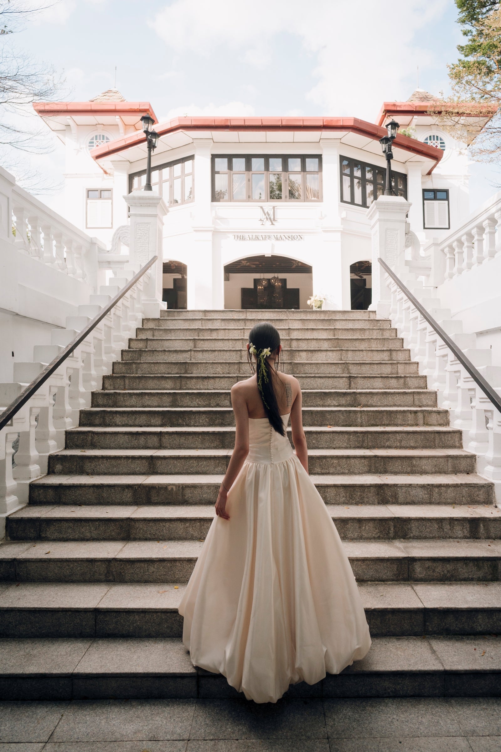 Aria Straight Neckline Strapless Drop Waist A-Line Bubble Hem Wedding Dress with Neck Scarf | Bone and Grey Bridal | Affordable Minimal Simple Bridal Gowns Online Canada USA Singapore