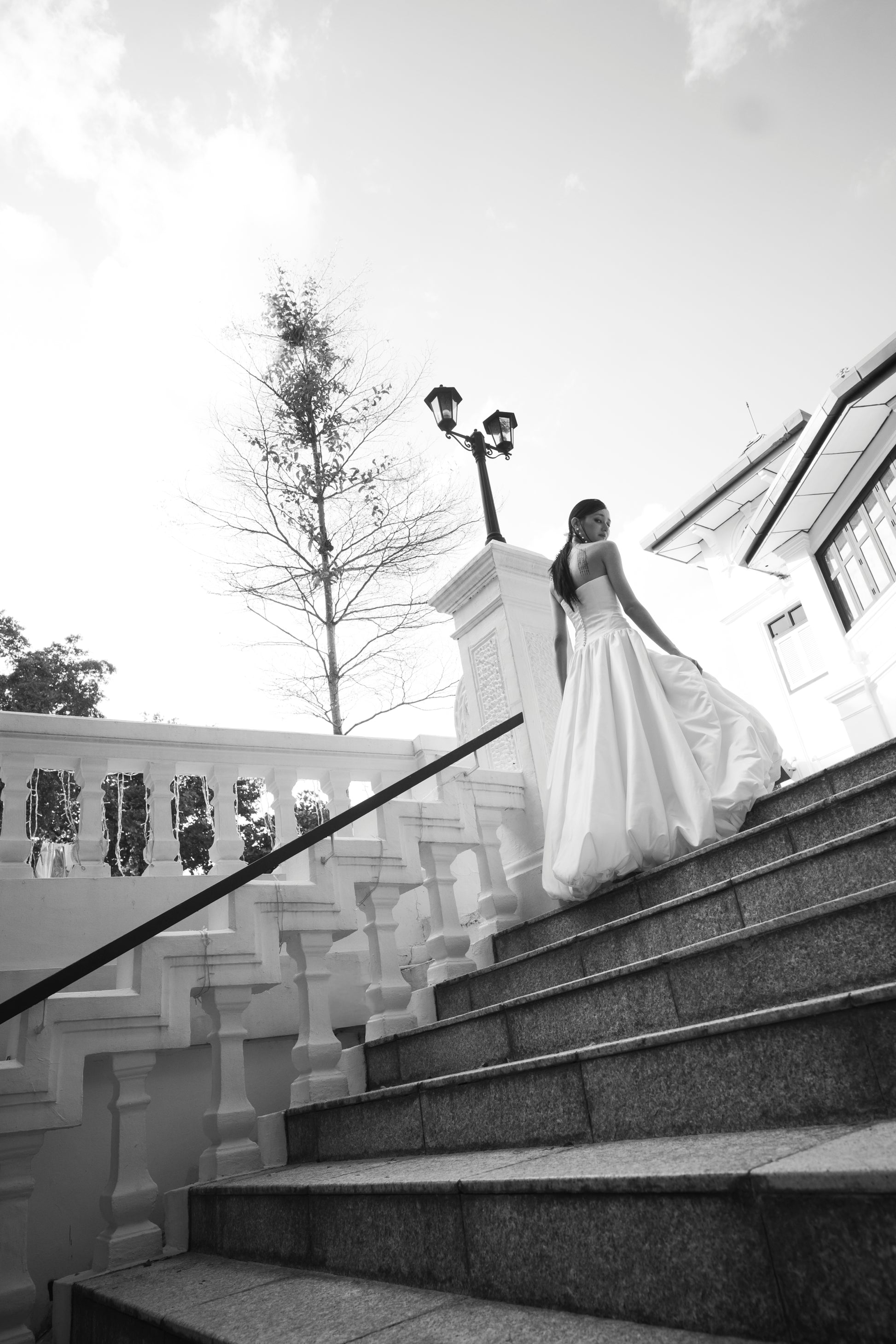 Aria Straight Neckline Strapless Drop Waist A-Line Bubble Hem Wedding Dress with Neck Scarf | Bone and Grey Bridal | Affordable Minimal Simple Bridal Gowns Online Canada USA Singapore
