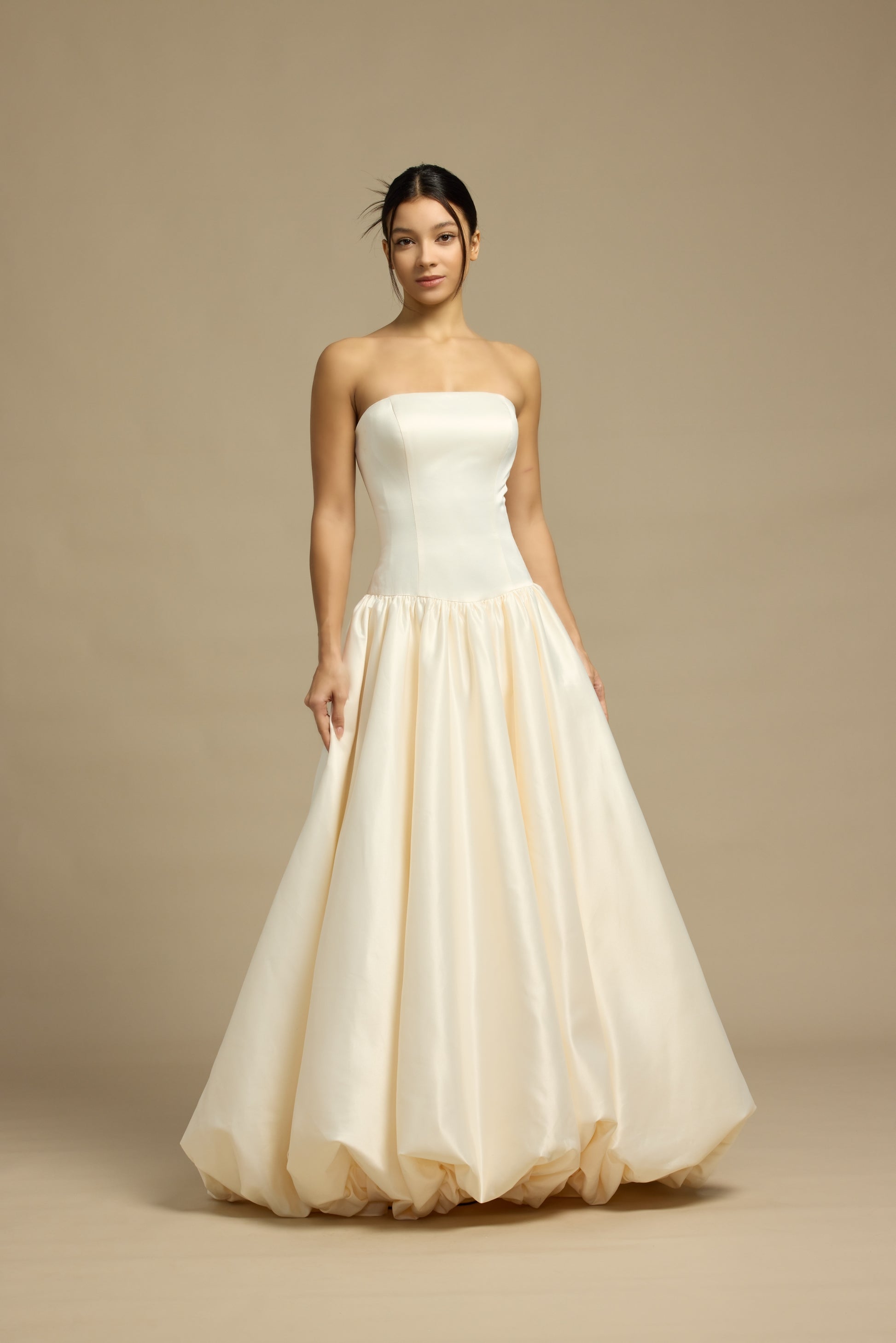 Aria Strapless Drop Waist A-Line Bubble Hem Wedding Dress with Neck Scarf | Bone and Grey Bridal | Affordable Minimal Simple Bridal Gowns Online Canada USA Singapore