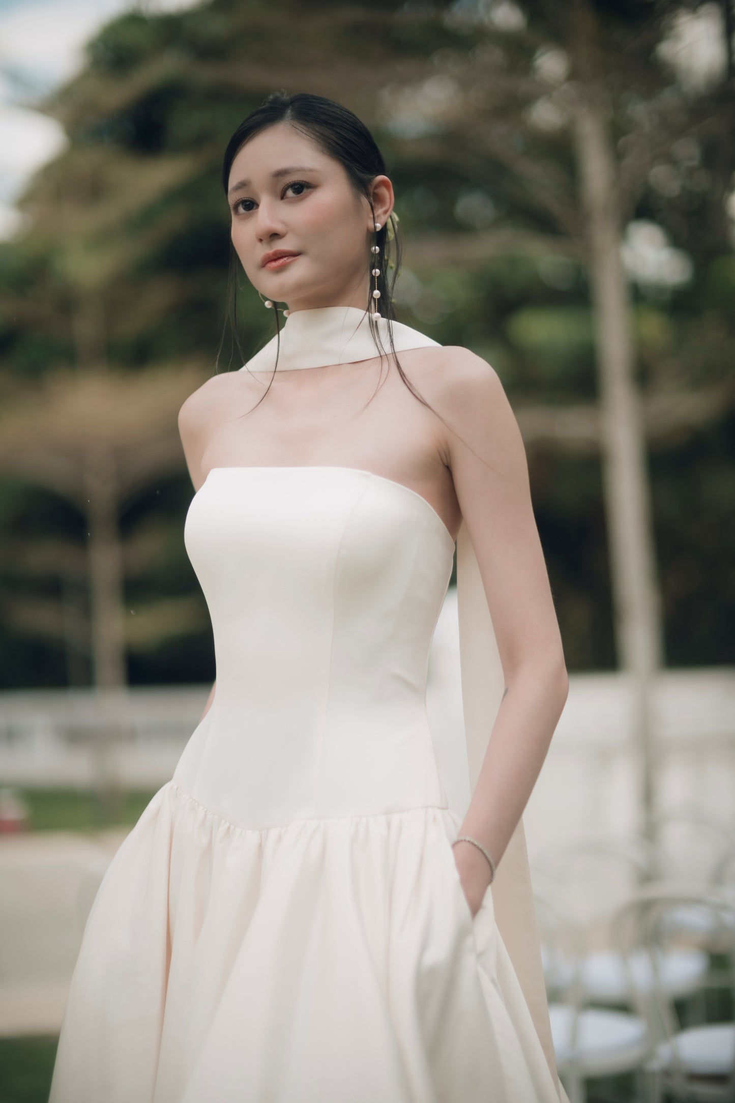 Aria Straight Neckline Strapless Drop Waist A-Line Bubble Hem Wedding Dress with Neck Scarf | Bone and Grey Bridal | Affordable Minimal Simple Bridal Gowns Online Canada USA Singapore