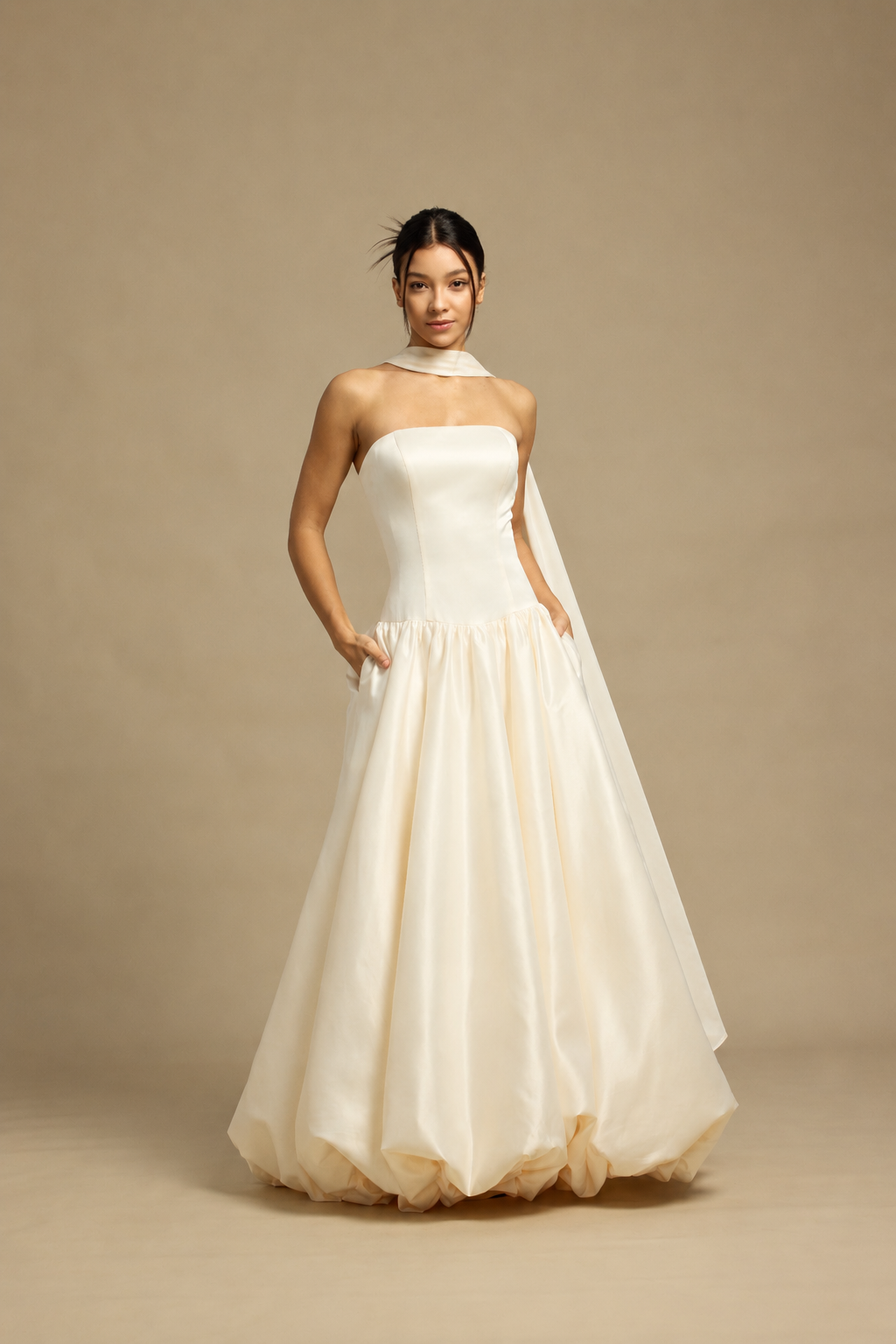 Aria Strapless Drop Waist A-Line Bubble Hem Wedding Dress with Neck Scarf | Bone and Grey Bridal | Affordable Minimal Simple Bridal Gowns Online Canada USA Singapore