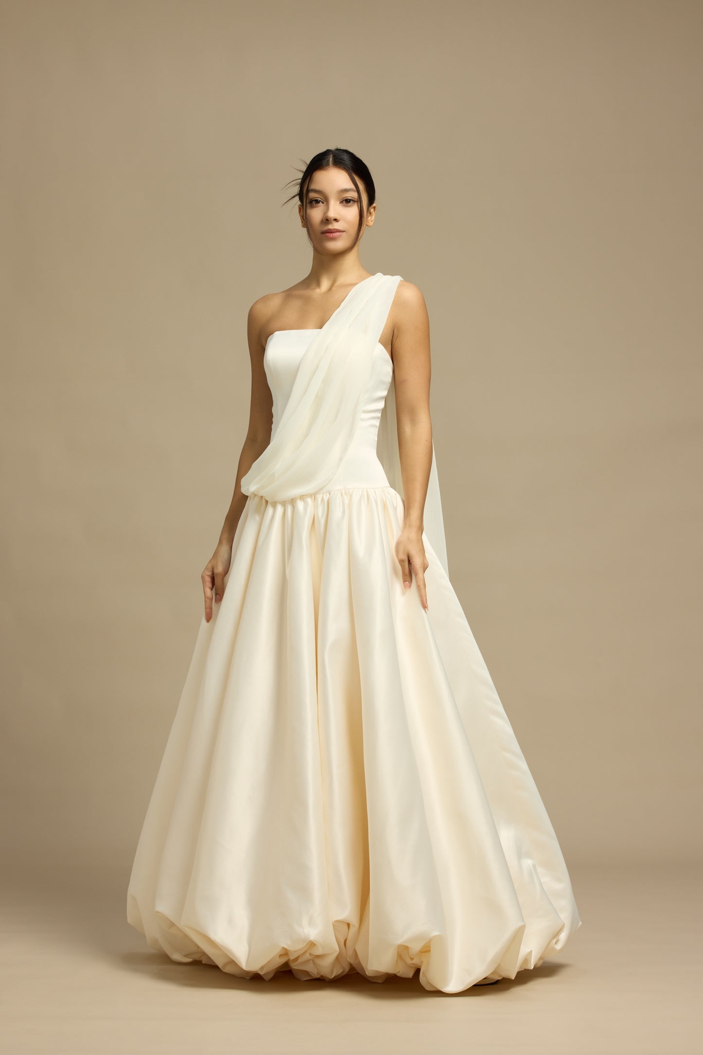Aria Strapless Drop Waist A-Line Bubble Hem Wedding Dress with Neck Scarf | Bone and Grey Bridal | Affordable Minimal Simple Bridal Gowns Online Canada USA Singapore