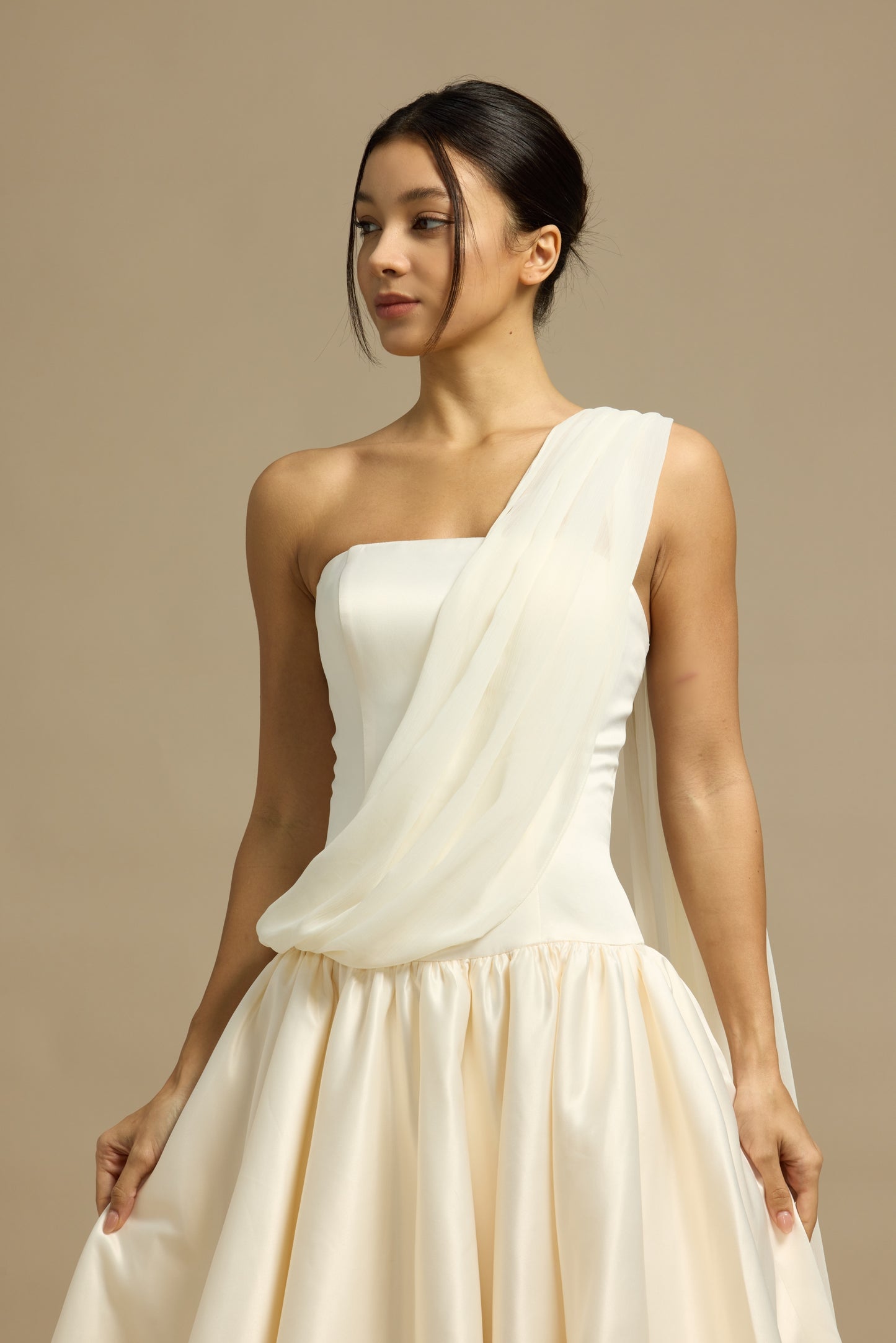 Aria Strapless Drop Waist A-Line Bubble Hem Wedding Dress with Neck Scarf | Bone and Grey Bridal | Affordable Minimal Simple Bridal Gowns Online Canada USA Singapore