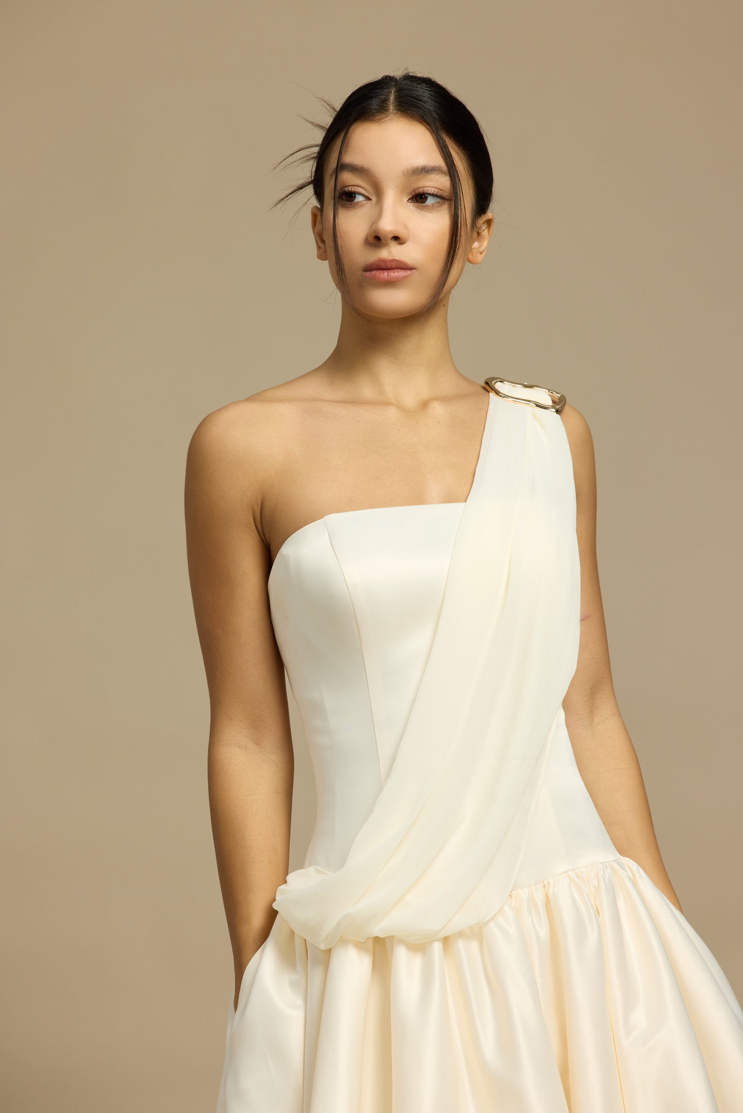Aria Strapless Drop Waist A-Line Bubble Hem Wedding Dress with Neck Scarf | Bone and Grey Bridal | Affordable Minimal Simple Bridal Gowns Online Canada USA Singapore