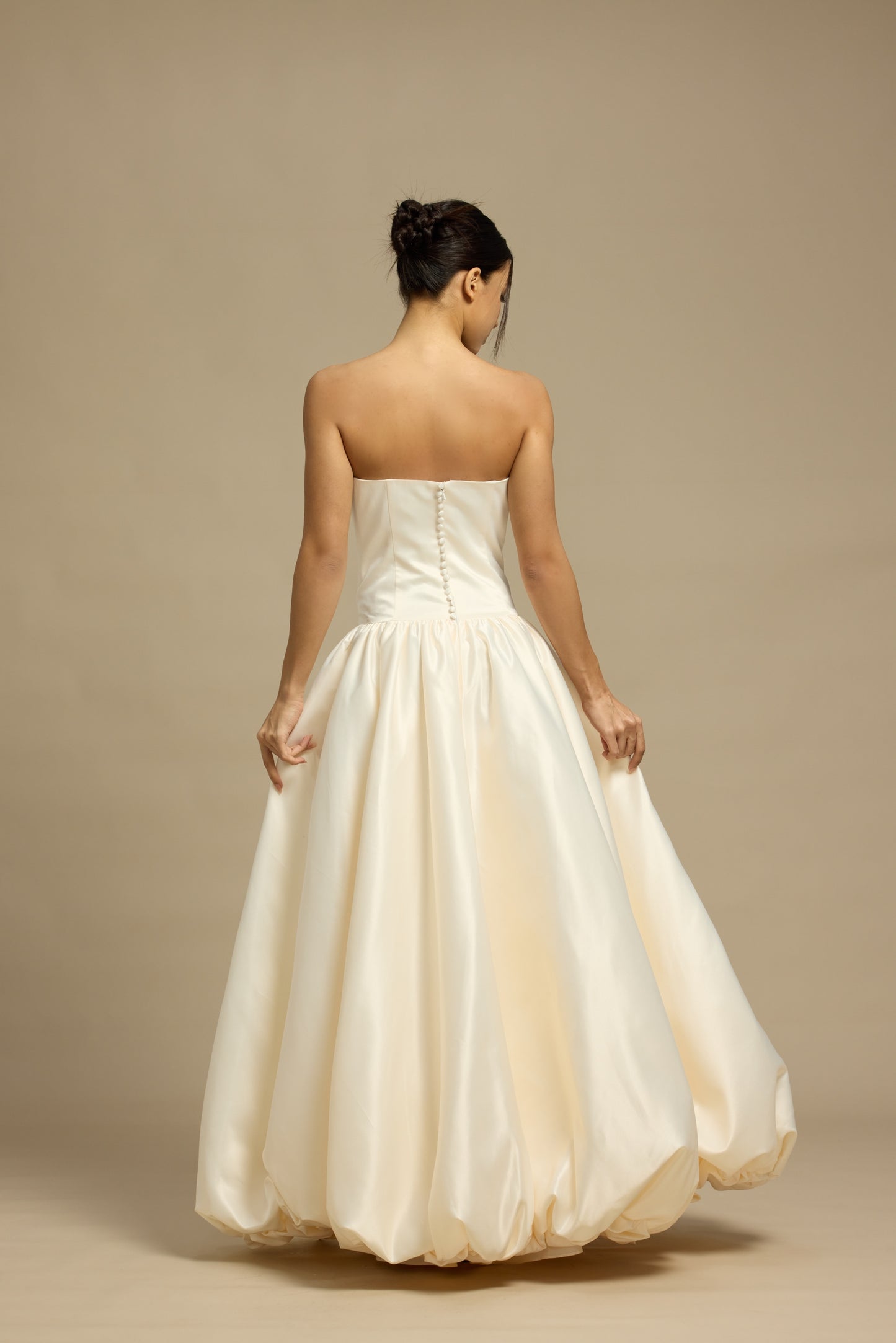 Aria Strapless Drop Waist A-Line Bubble Hem Wedding Dress with Neck Scarf | Bone and Grey Bridal | Affordable Minimal Simple Bridal Gowns Online Canada USA Singapore
