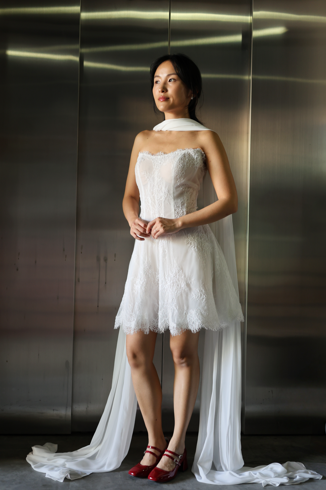 Ayana Lace Mini Dress with Chiffon Scarf | Bone & Grey Bridal | Wedding Afterparty Mini Dresses Online Canada USA Australia UK Singapore