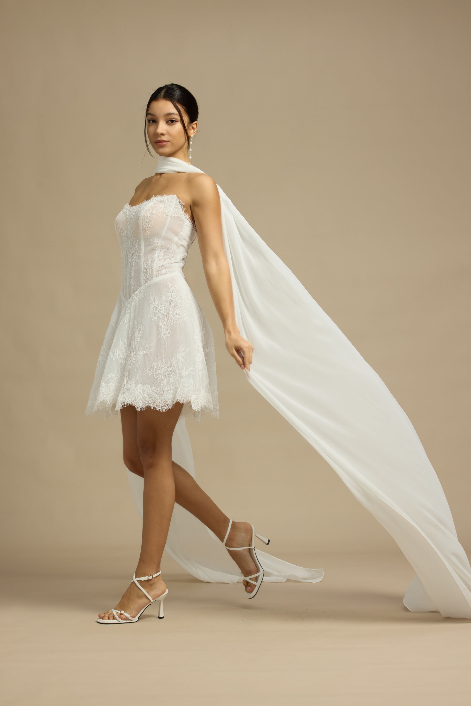 Ayana Lace Mini Dress with Chiffon Scarf | Bone & Grey Bridal | Wedding Afterparty Mini Dresses Online Canada USA Australia UK Singapore